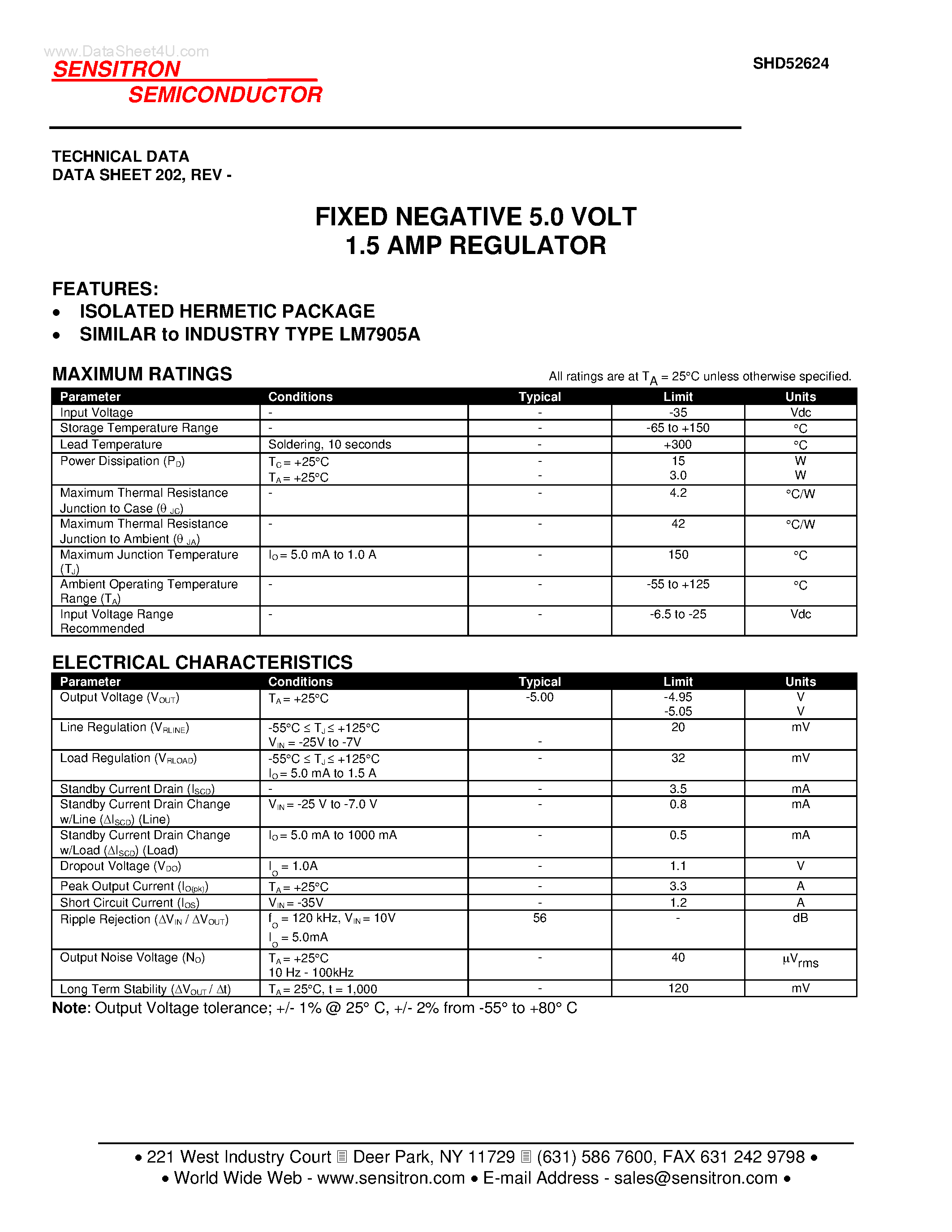 Datasheet SHD52624 - FIXED NEGATIVE 5.0 VOLT 1.5 AMP REGULATOR page 1