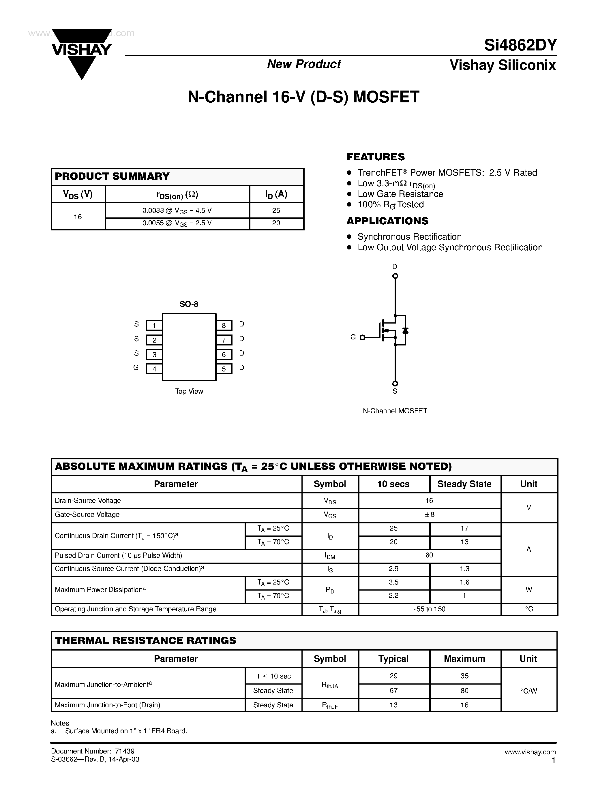 Datasheet SI4862DY page 1 Datasheet SI4862DY - N-Channel MOSFET page 1