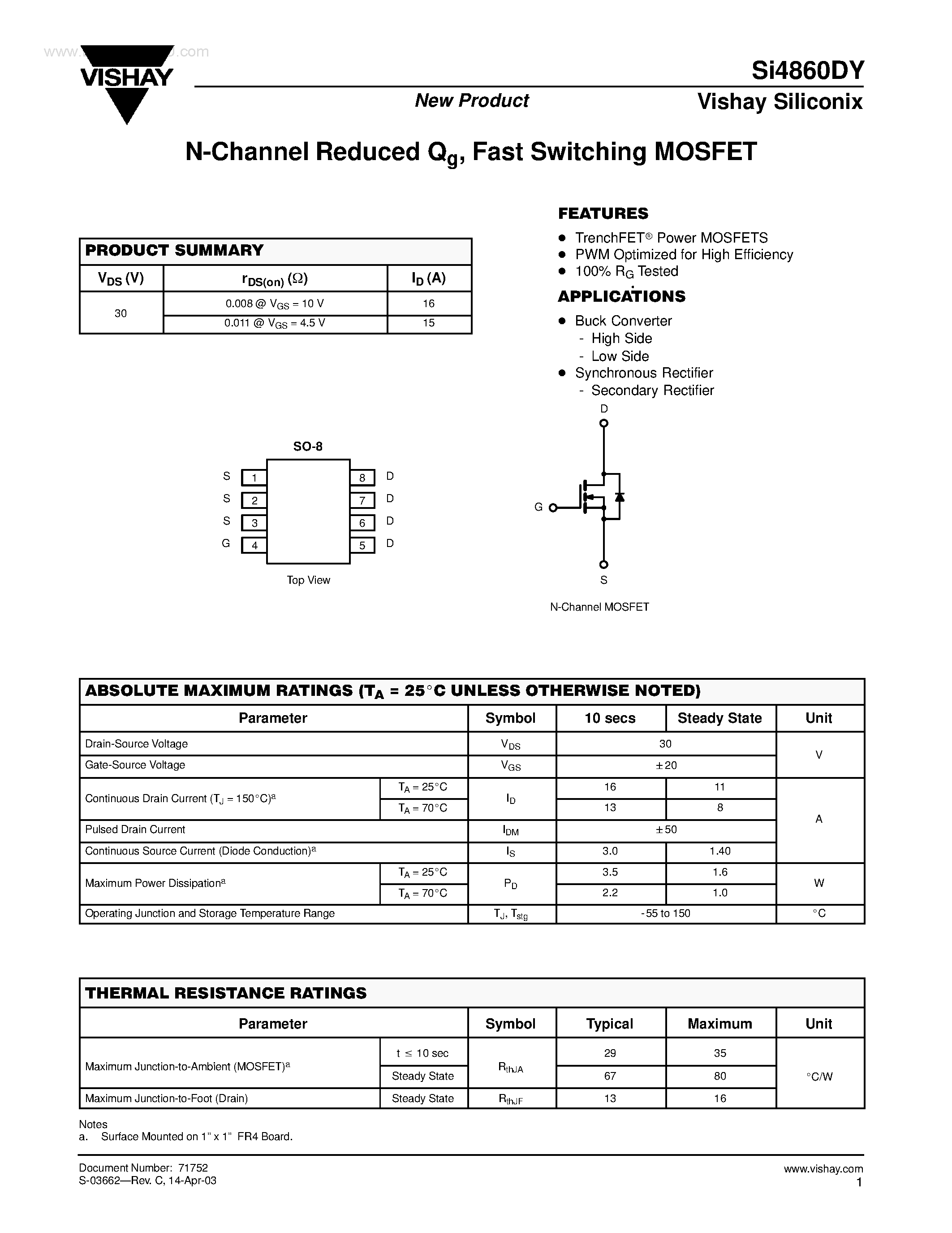 Datasheet SI4860DY - N-Channel MOSFET page 1