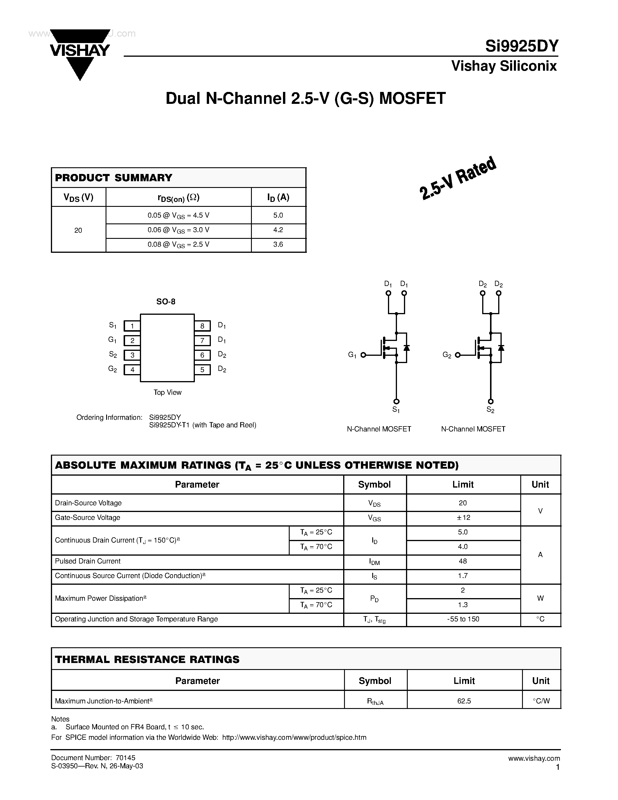 Datasheet SI9925DY - Dual N-Channel MOSFET page 1