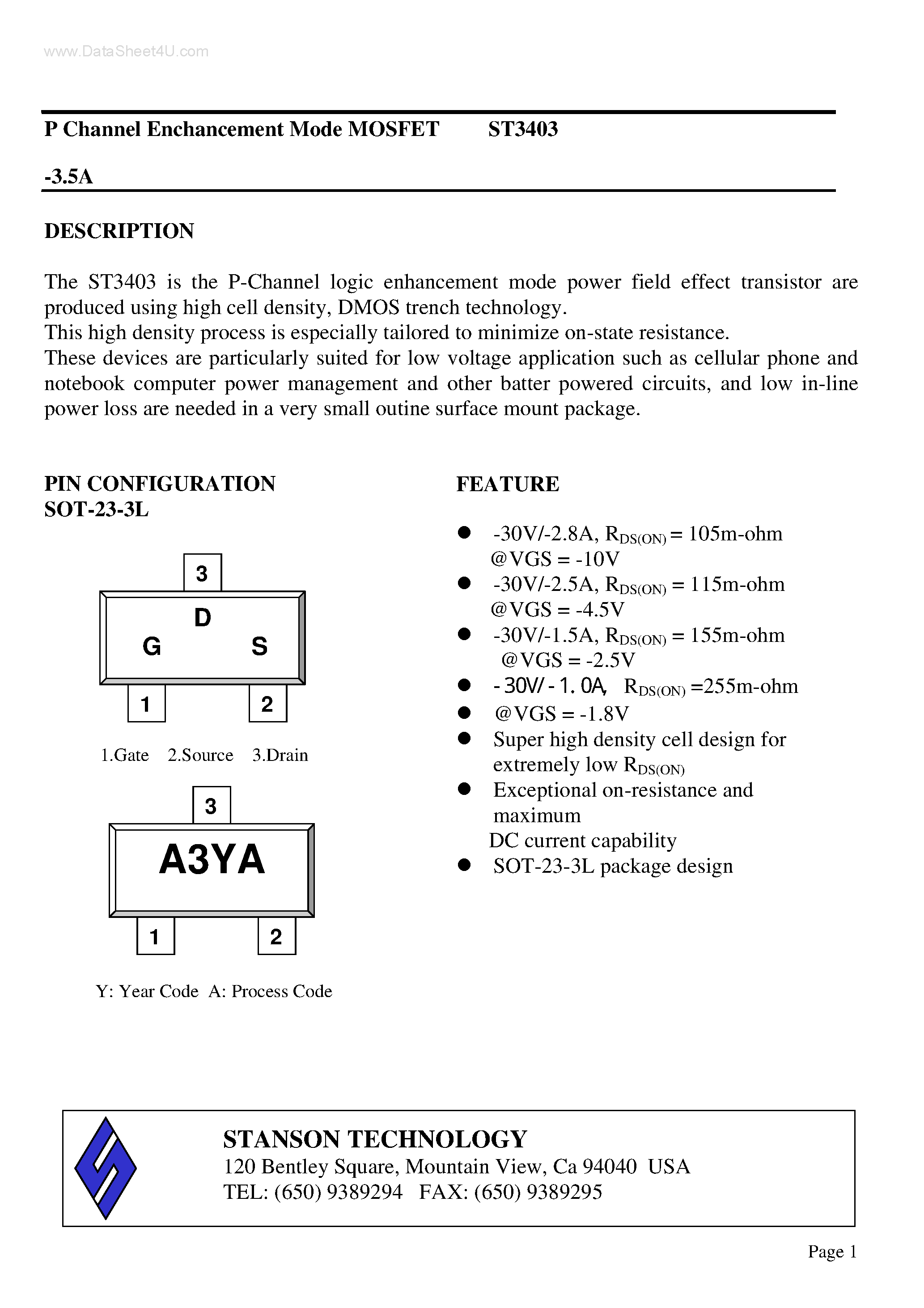 Datasheet ST3403 - P Channel Enchancement Mode MOSFET page 1
