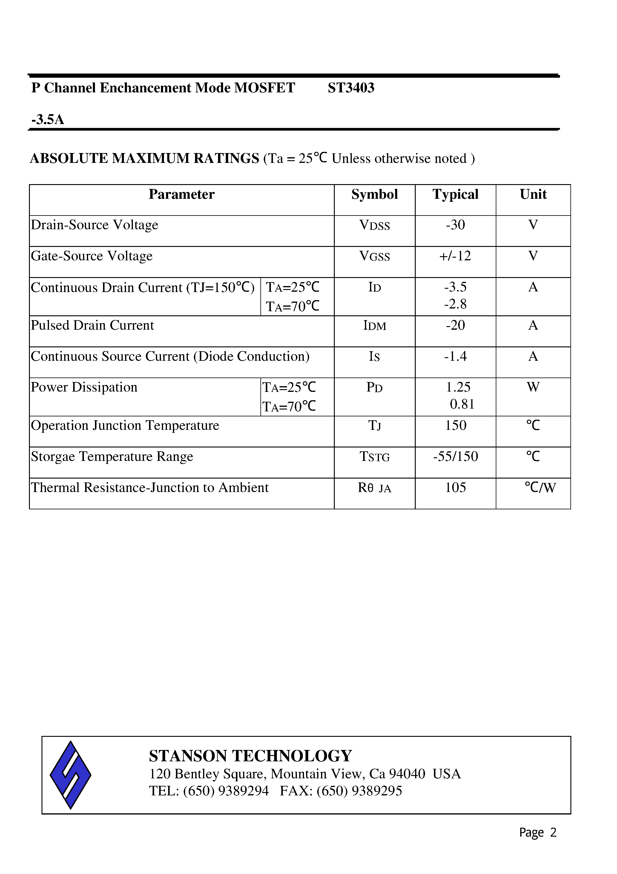 Datasheet ST3403 - P Channel Enchancement Mode MOSFET page 2
