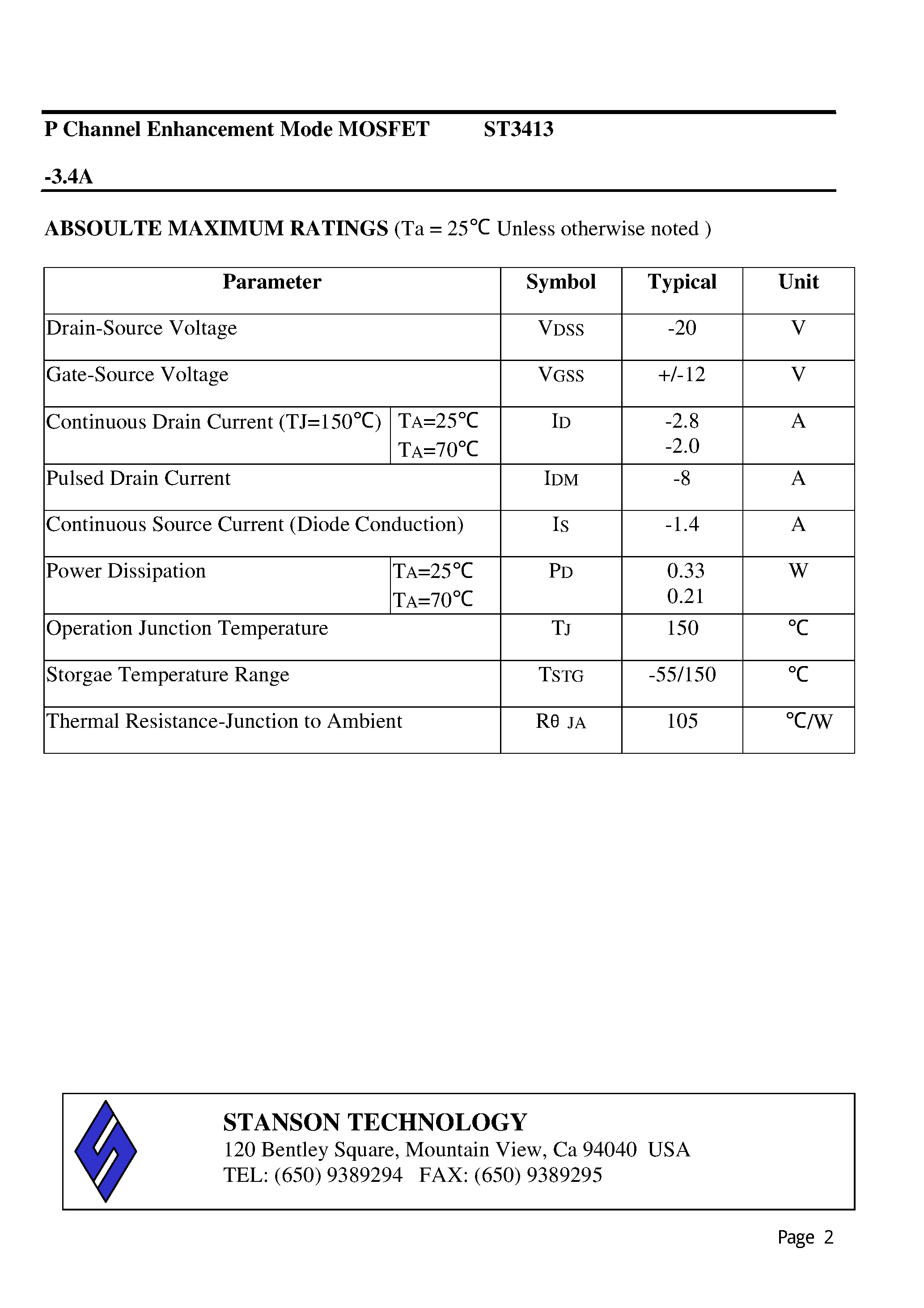 Даташит ST3413 - P Channel Enhancement Mode MOSFET страница 2