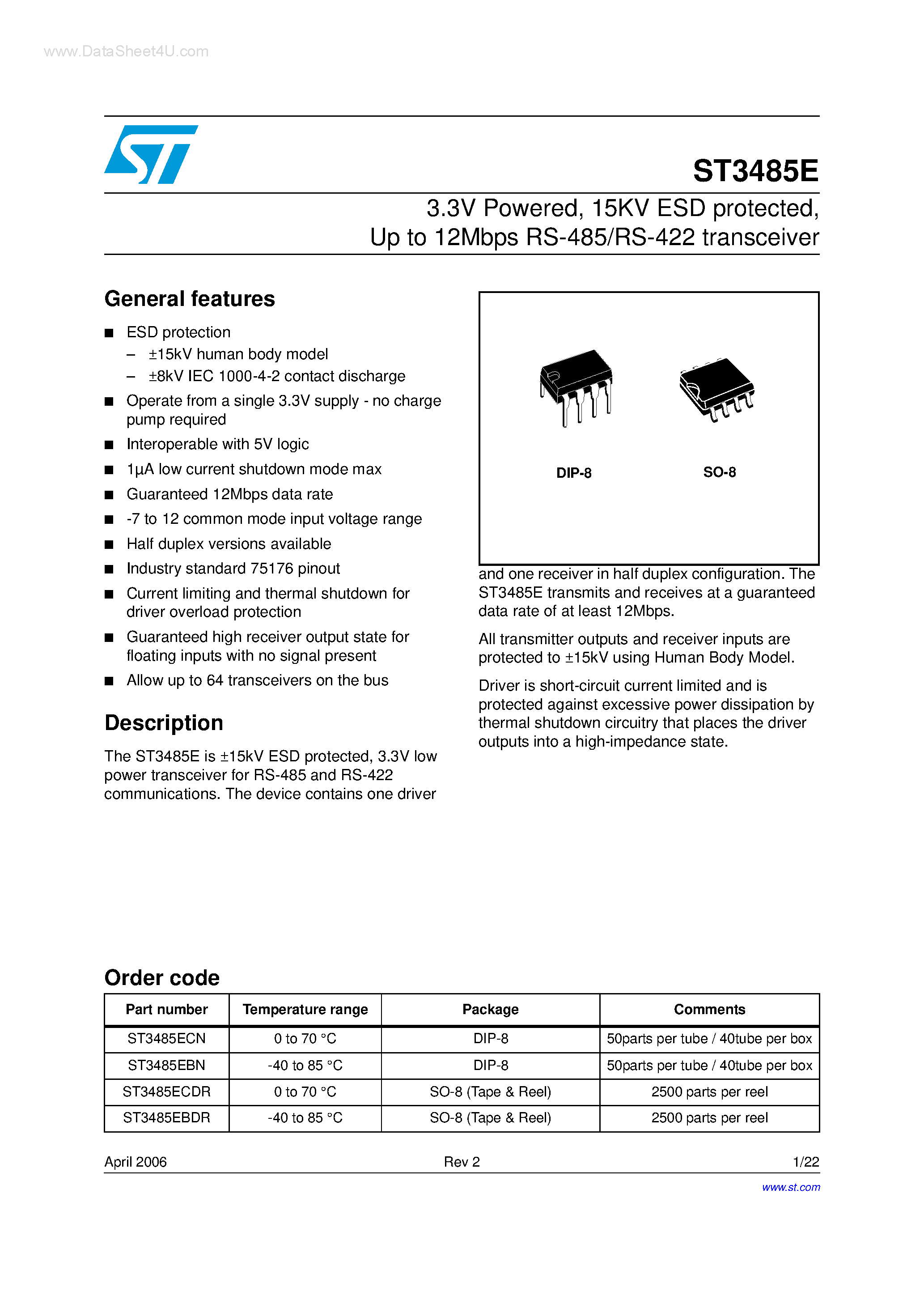 Datasheet ST3485E - TRASMIT AT UP TO 12MBPS TRUE RS-485/RS-422 TRANSCEIVER page 1