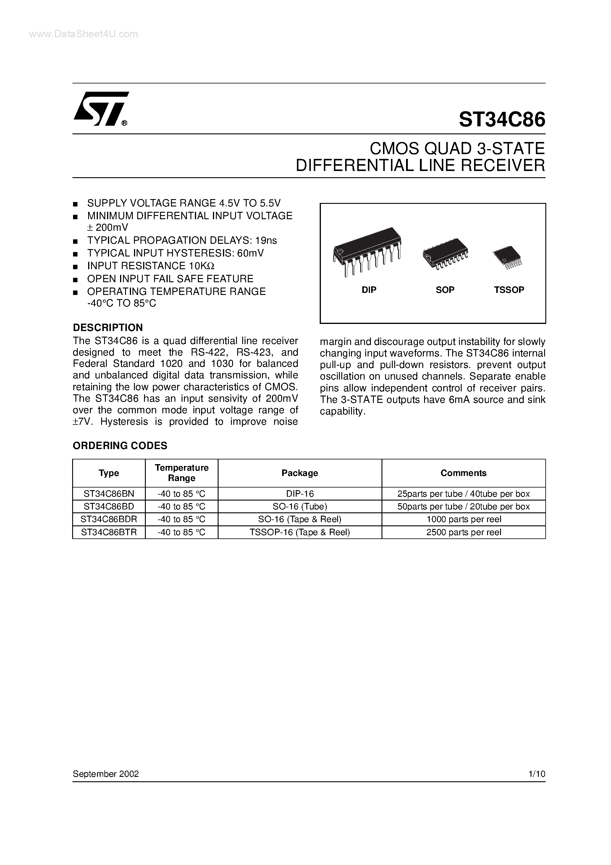 Datasheet ST34C86 page 1 Datasheet ST34C86 - CMOS QUAD 3-STATE DIFFERENTIAL LINE RECEIVER page 1