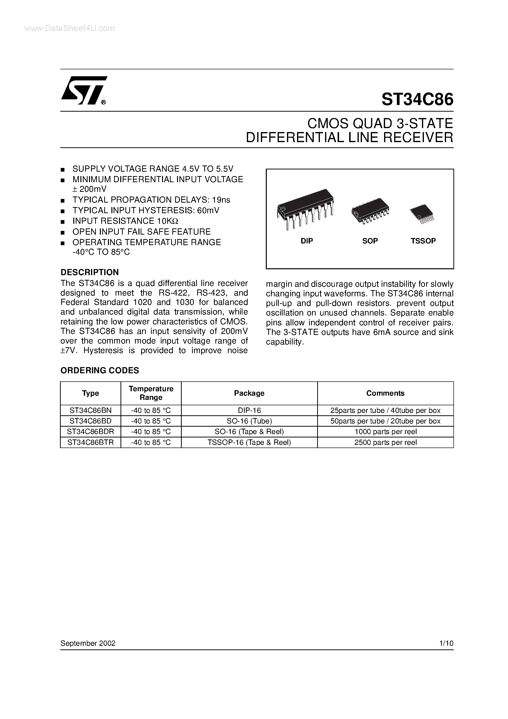 Datasheet ST34C86 - CMOS QUAD 3-STATE DIFFERENTIAL LINE RECEIVER page 1
