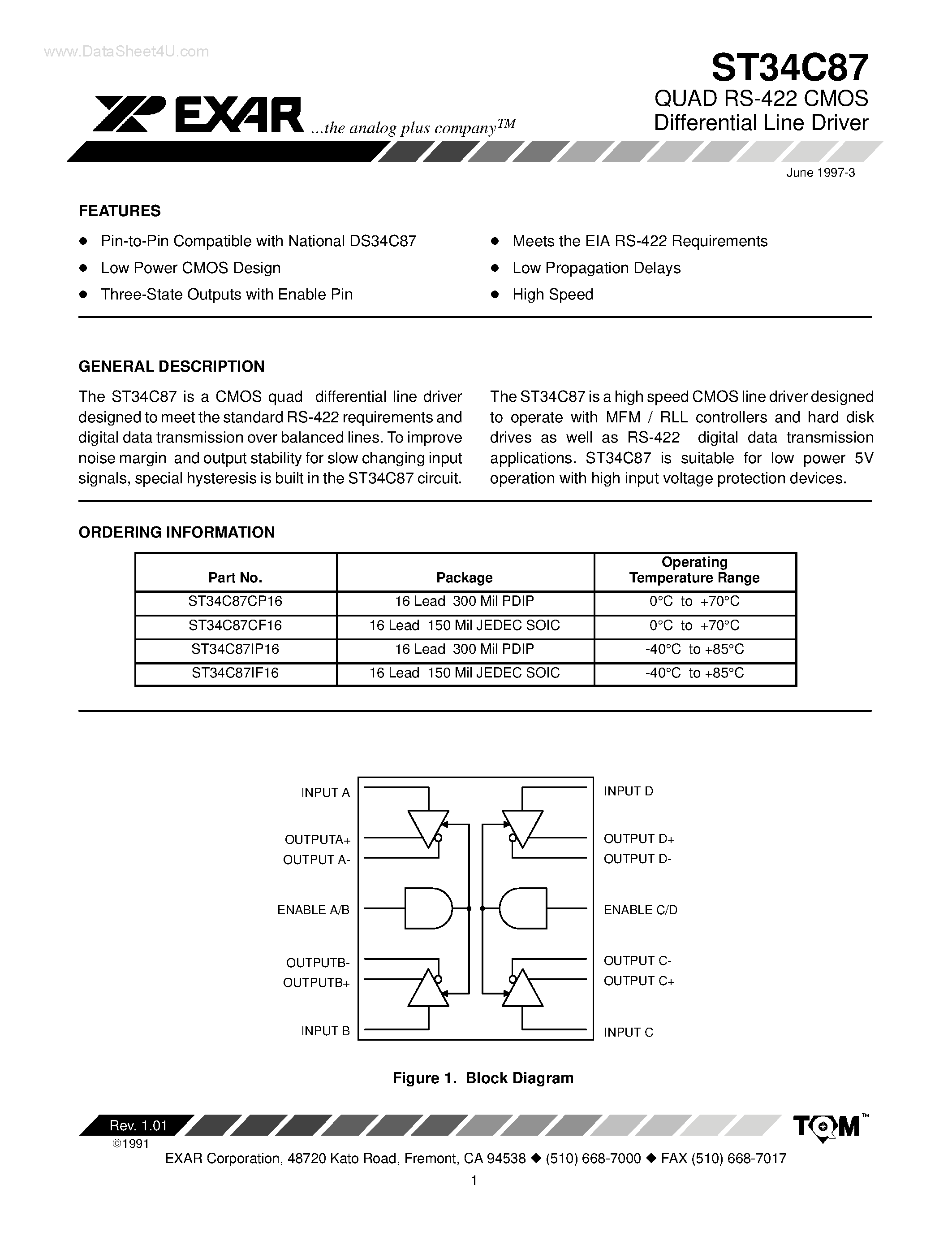 Datasheet ST34C87 - QUAD RS-422 CMOS Differential Line Driver page 1
