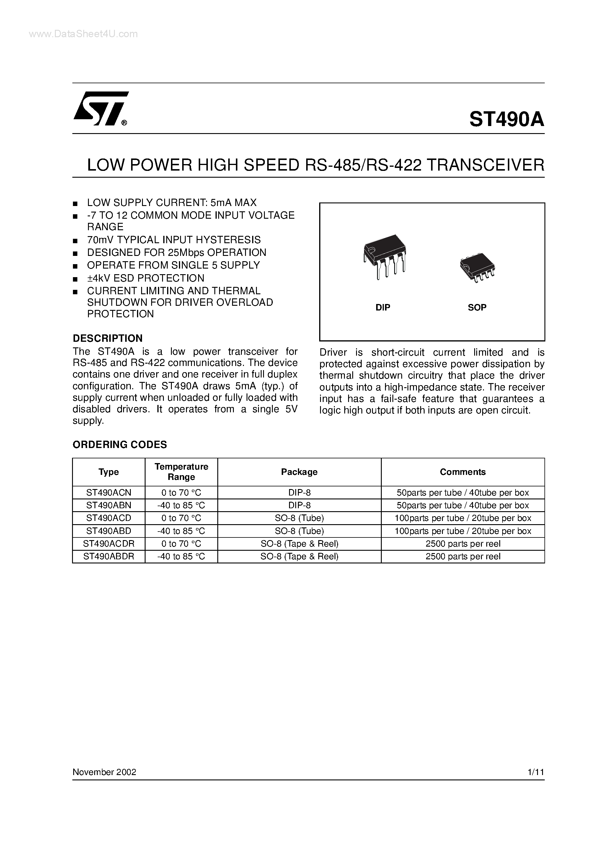 Datasheet ST490A - LOW POWER HIGH SPEED RS-485/RS-422 TRANSCEIVER page 1