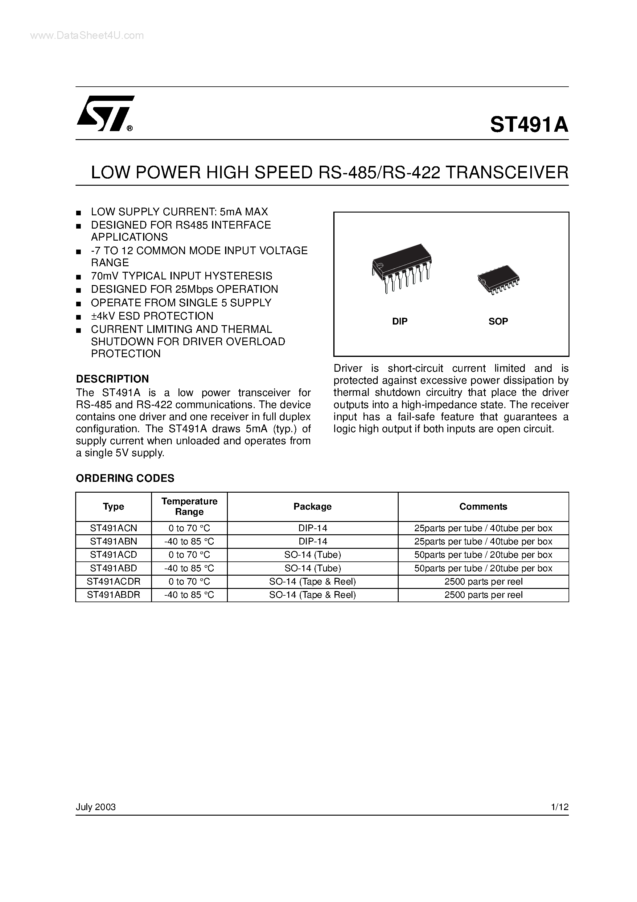 Datasheet ST491A - LOW POWER HIGH SPEED RS-485/RS-422 TRANSCEIVER page 1