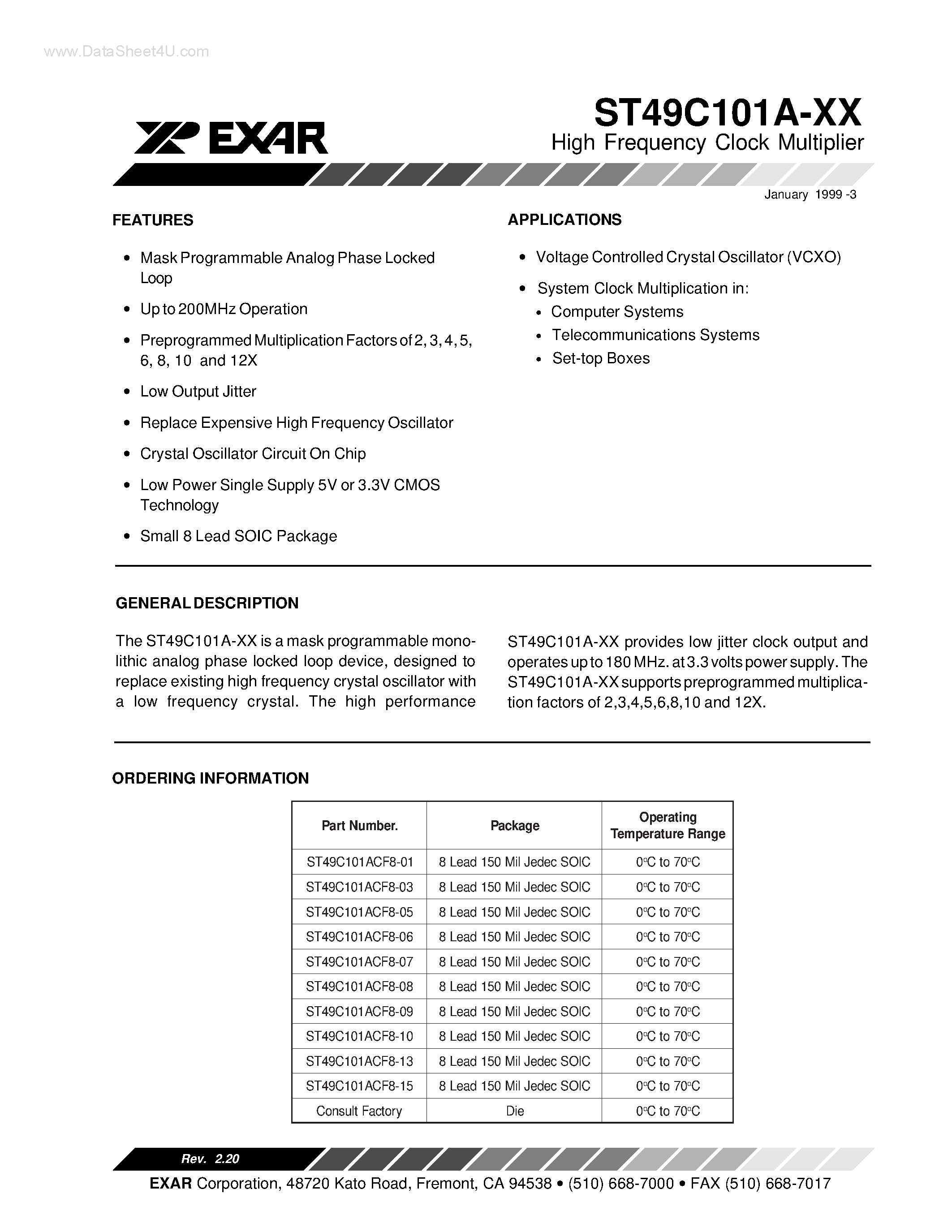 Datasheet ST49C101A-xx page 1 Datasheet ST49C101A-xx - High Frequency Clock Multiplier page 1