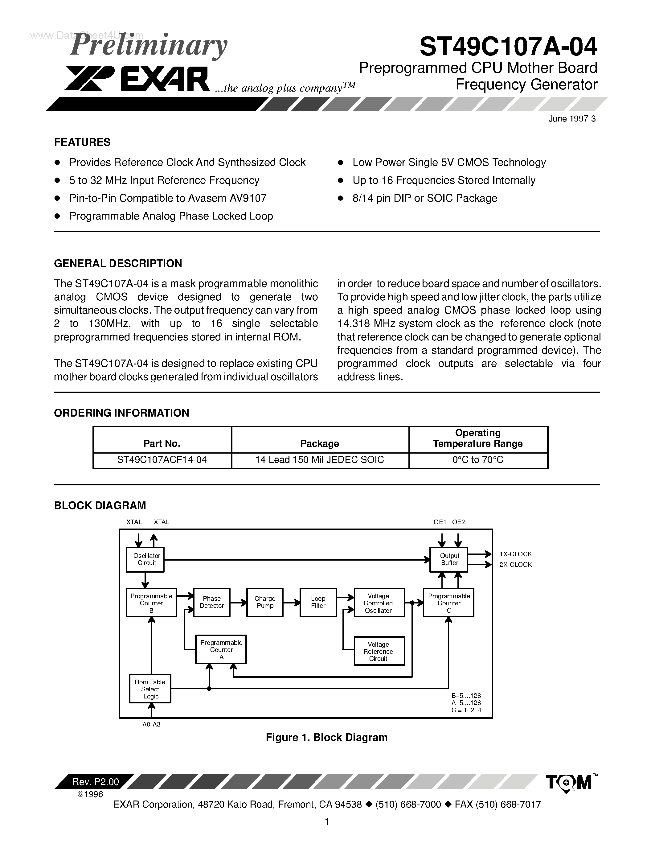 Datasheet ST49C107A-04 - Preprogrammed CPU Mother Board Frequency Generator page 1