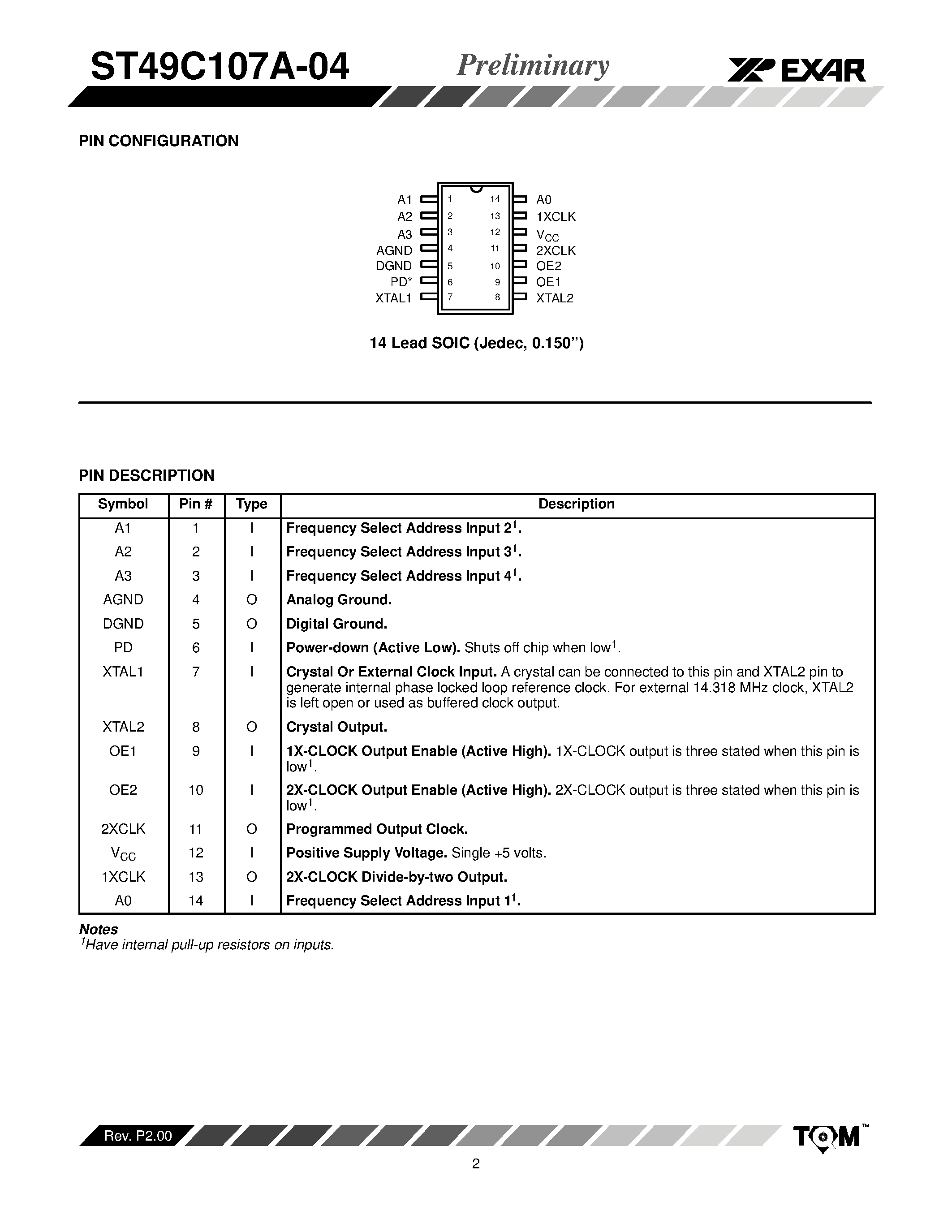 Datasheet ST49C107A-04 page 2 Datasheet ST49C107A-04 - Preprogrammed CPU Mother Board Frequency Generator page 2