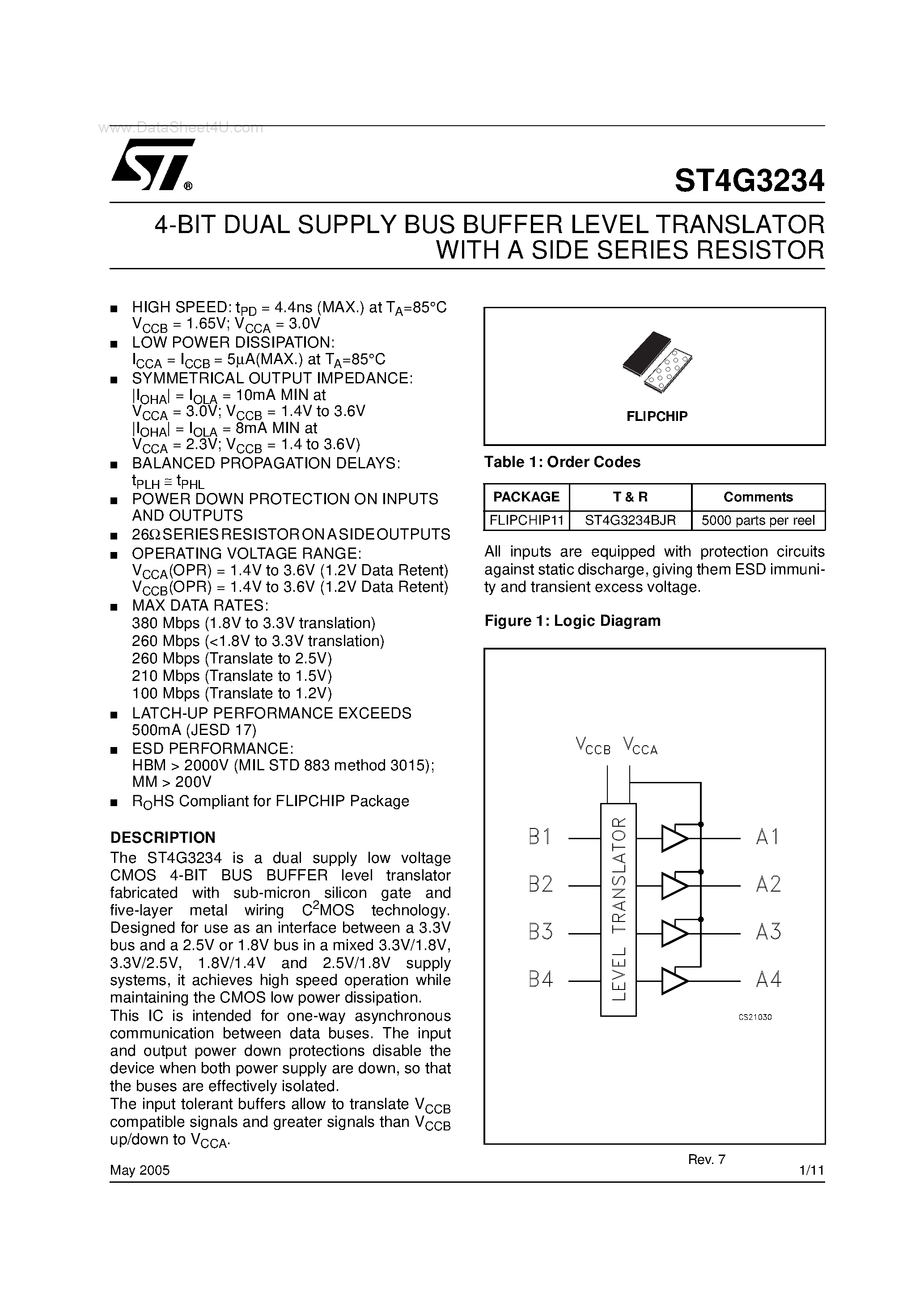 Datasheet ST4G3234 - 4-BIT DUAL SUPPLY BUS BUFFER LEVEL TRANSLATOR page 1
