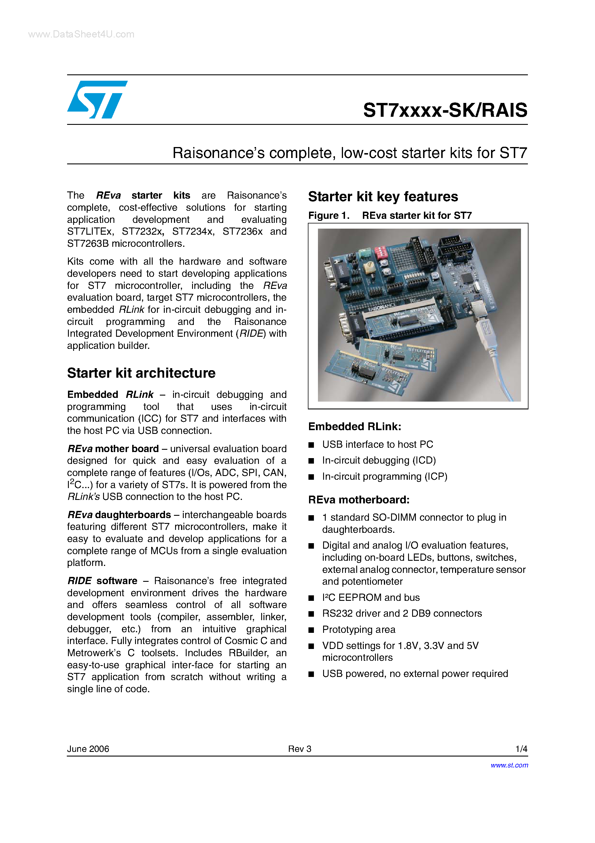 Datasheet ST7232X-SK/RAIS page 1 Datasheet ST7232X-SK/RAIS - low-cost starter kits page 1