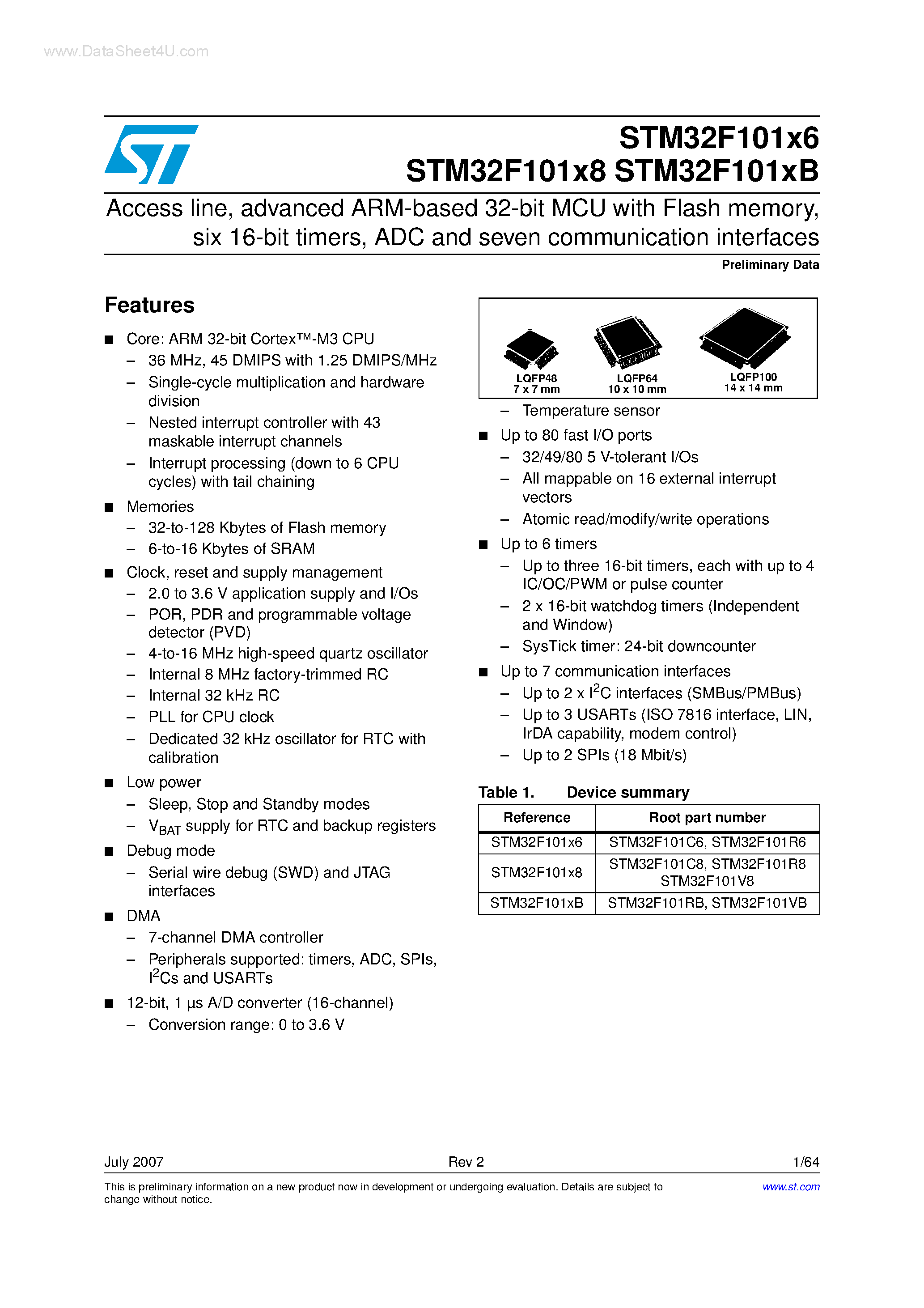 Datasheet STM32F101x6 page 1 Datasheet STM32F101x6 - (STM32F101xx) advanced ARM-based 32-bit MCU page 1