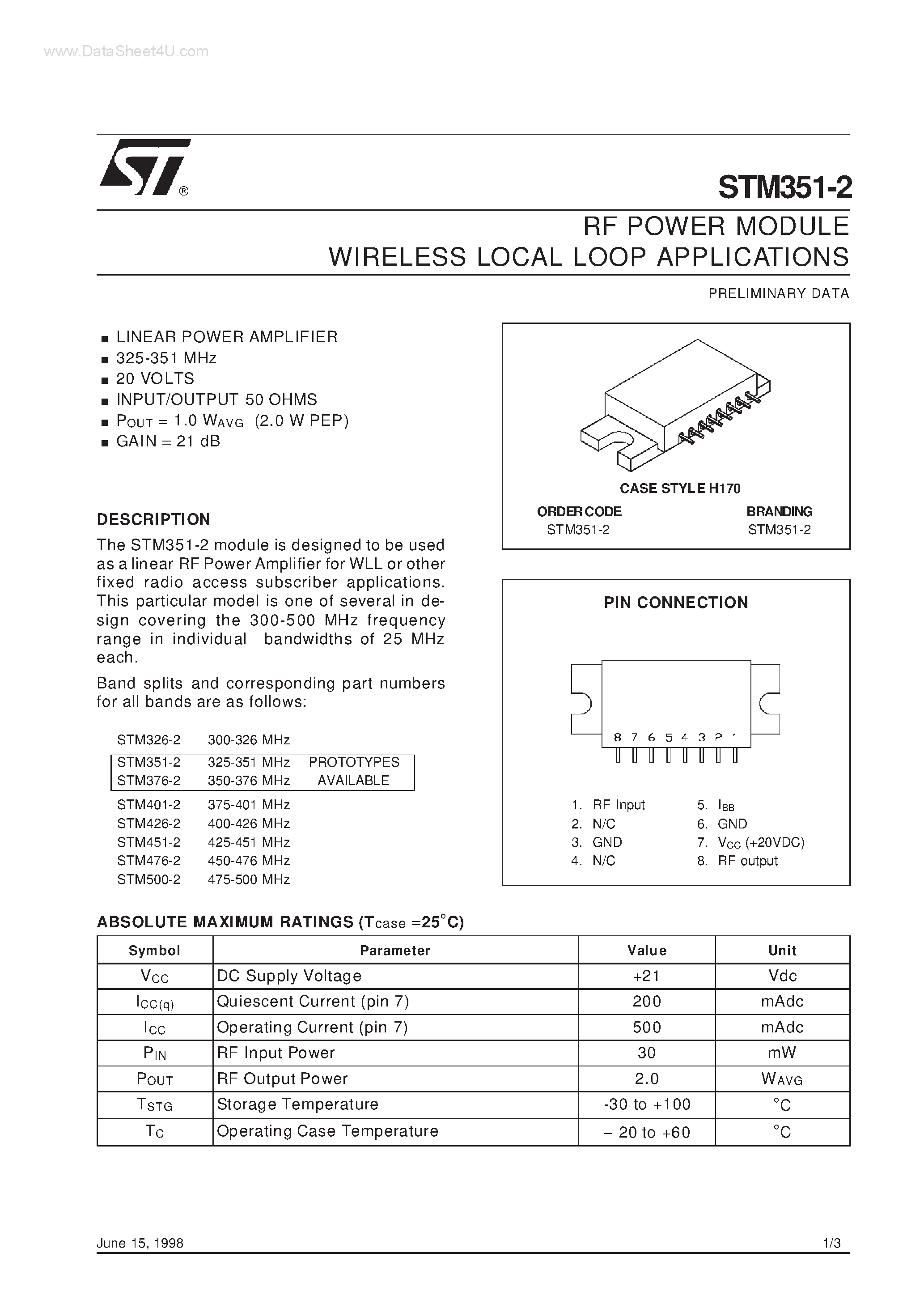 Datasheet STM351-2 - RF POWER MODULE WIRELESS LOCAL LOOP APPLICATIONS page 1