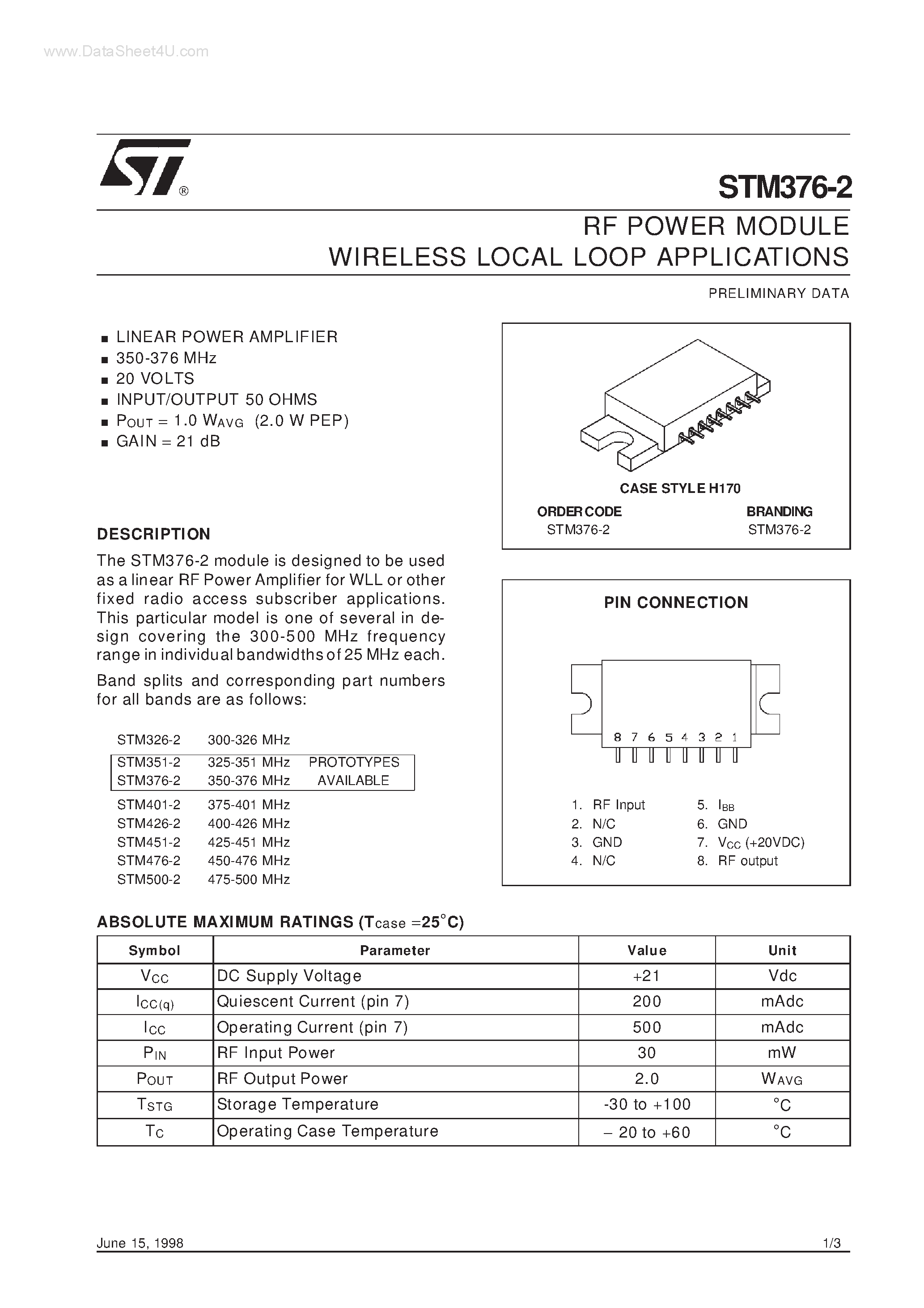 Datasheet STM376-2 - RF POWER MODULE WIRELESS LOCAL LOOP APPLICATIONS page 1