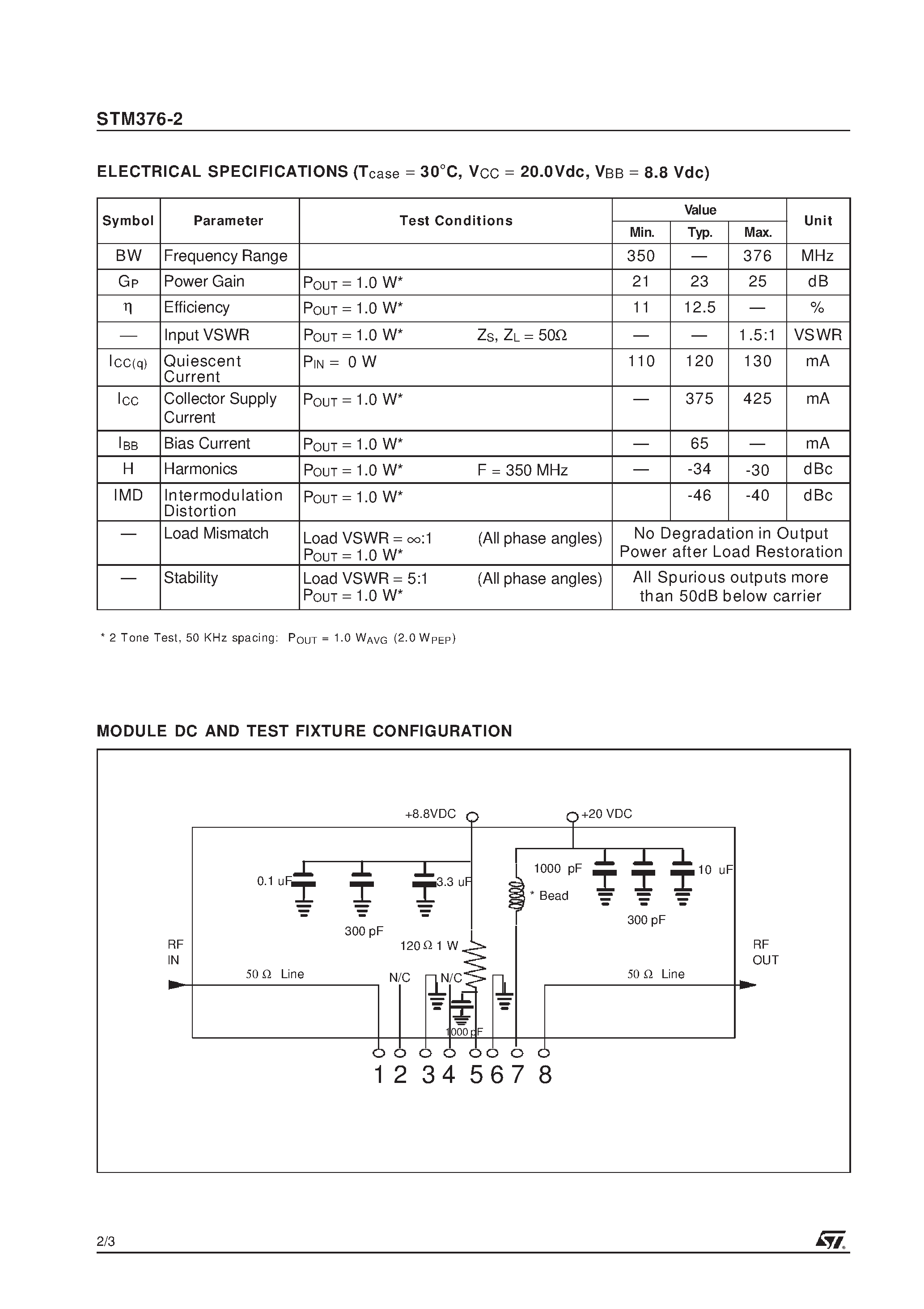 Datasheet STM376-2 - RF POWER MODULE WIRELESS LOCAL LOOP APPLICATIONS page 2
