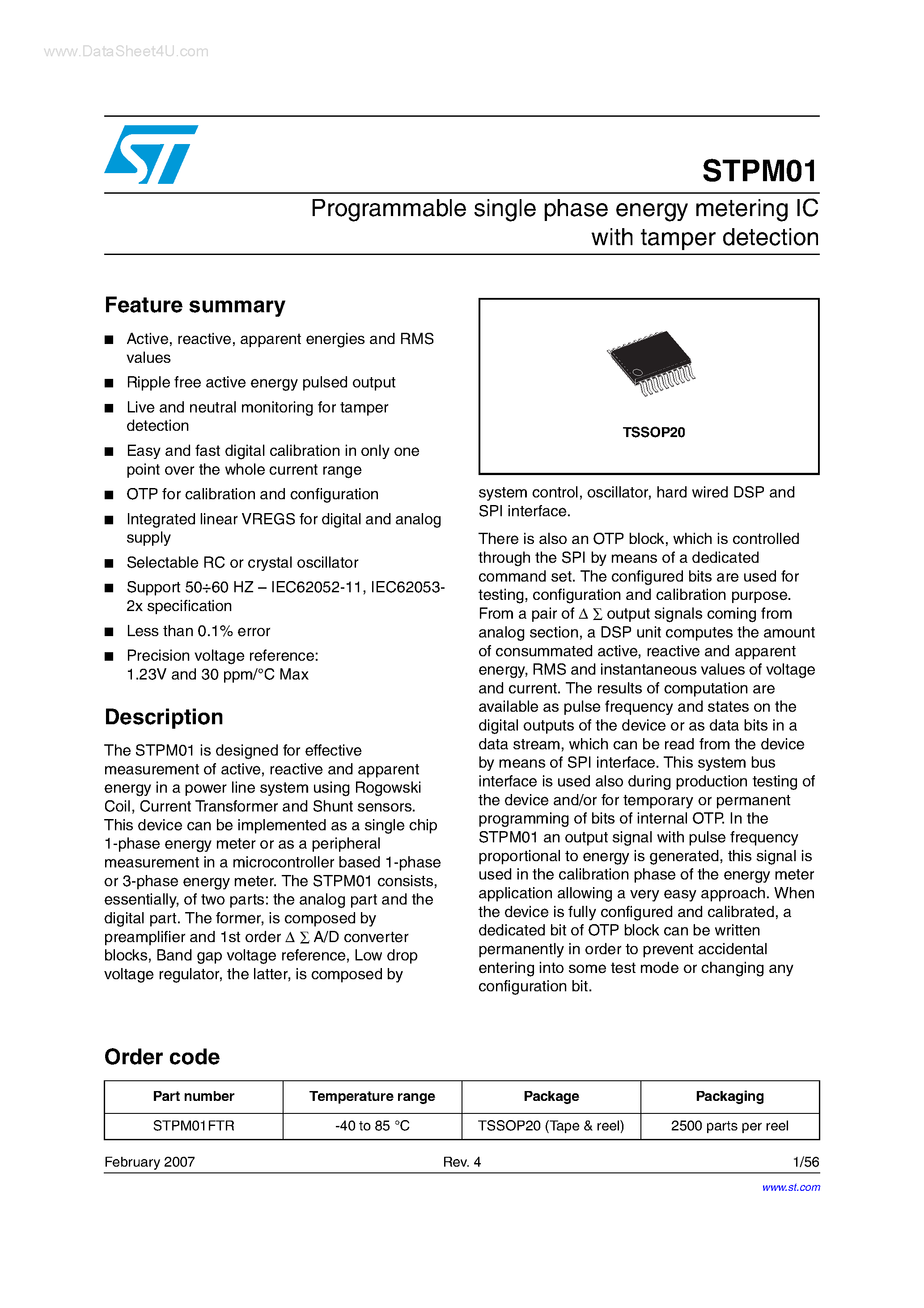 Datasheet STPM01 - Programmable single phase energy metering IC page 1