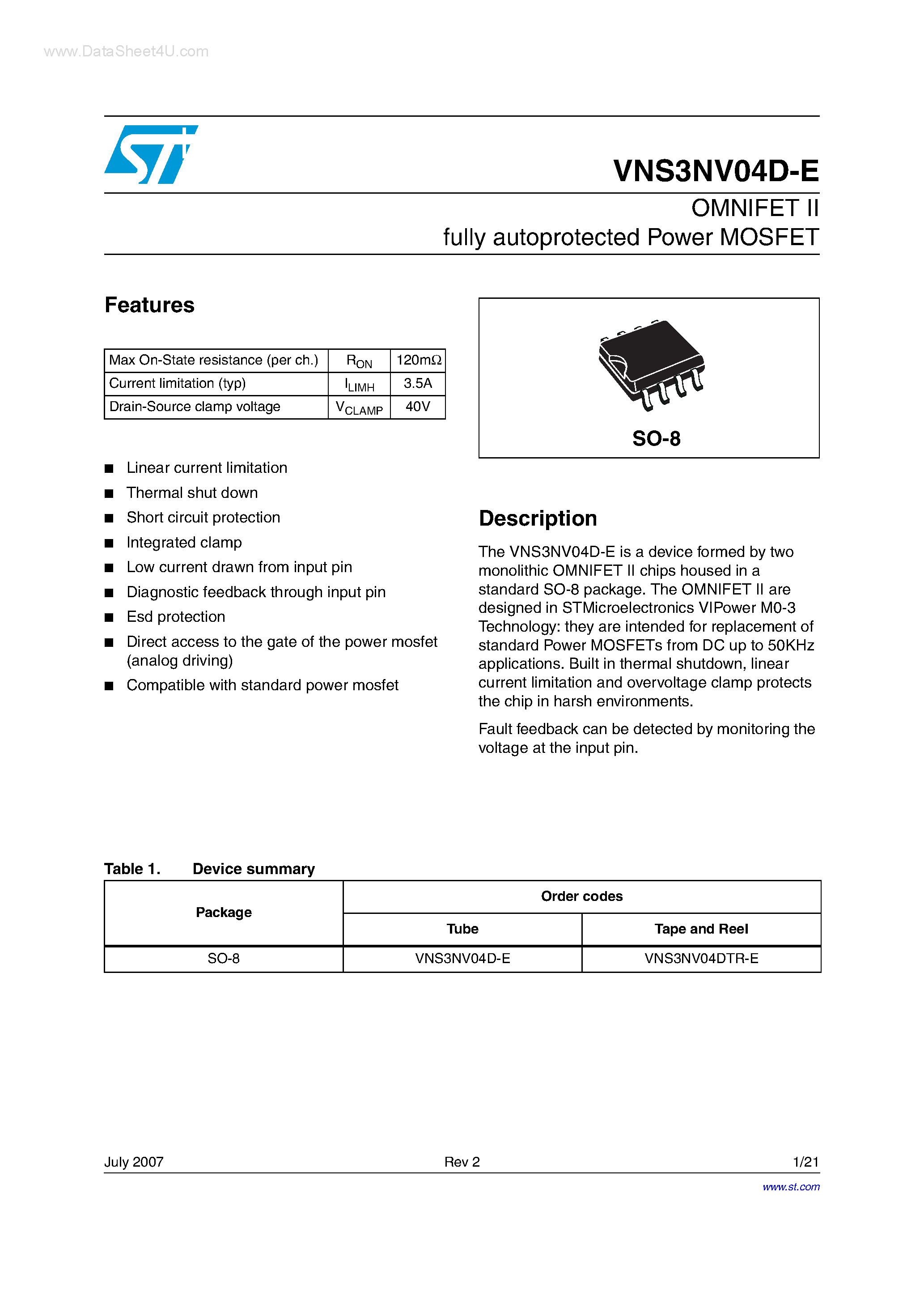 Даташит VNS3NV04D-E - OMNIFET II fully autoprotected Power MOSFET страница 1