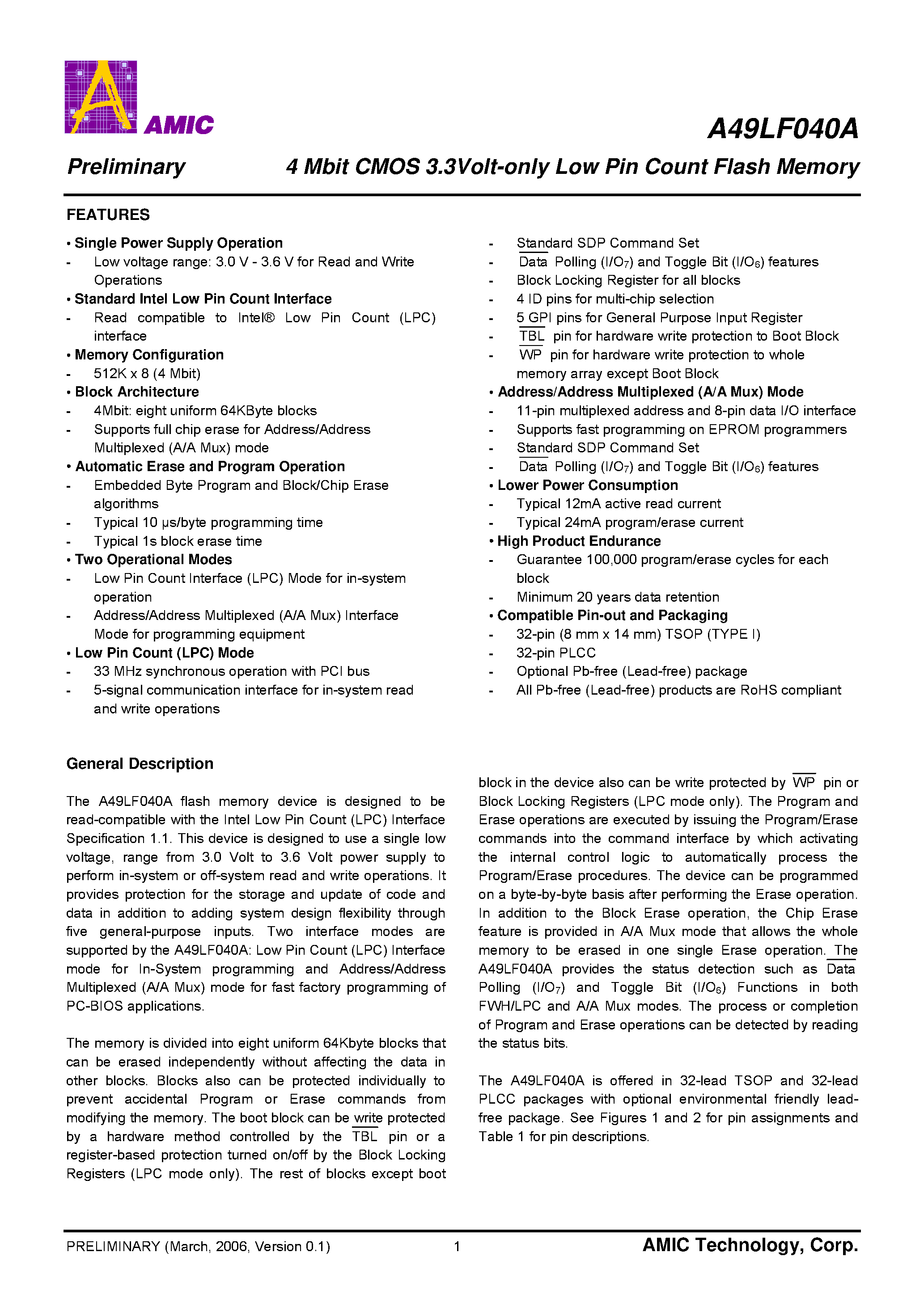 Даташит на микросхему A49LF040A страница 2 Даташит A49LF040A - 4 Mbit CMOS 3.3Volt-only Low Pin Count Flash Memory страница 2