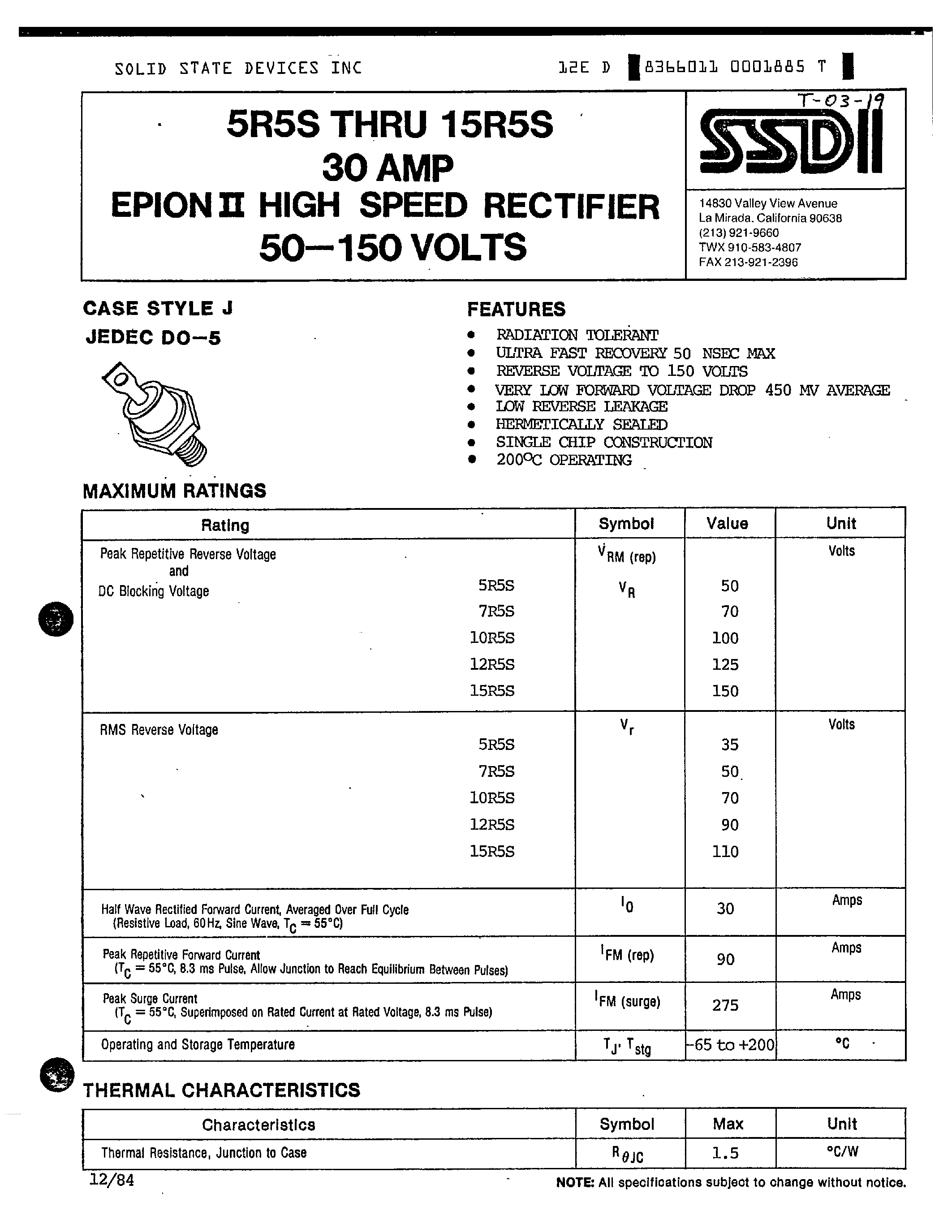 Datasheet 15R5S - 30 AMP EPION II HIGH SPEED RECTIFIER page 1