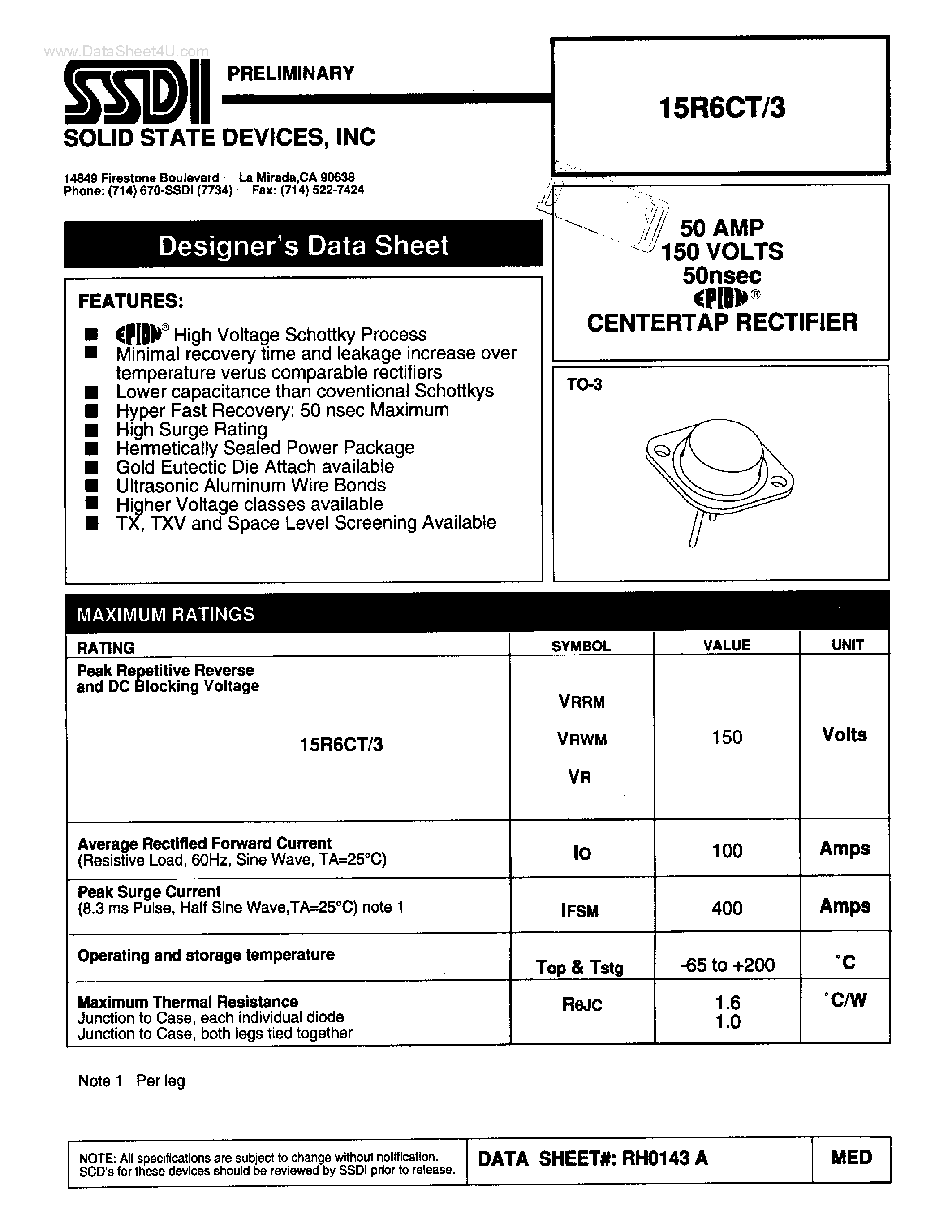 Datasheet 15R6CT/3 - CENTERTAP RECTIFIER page 1