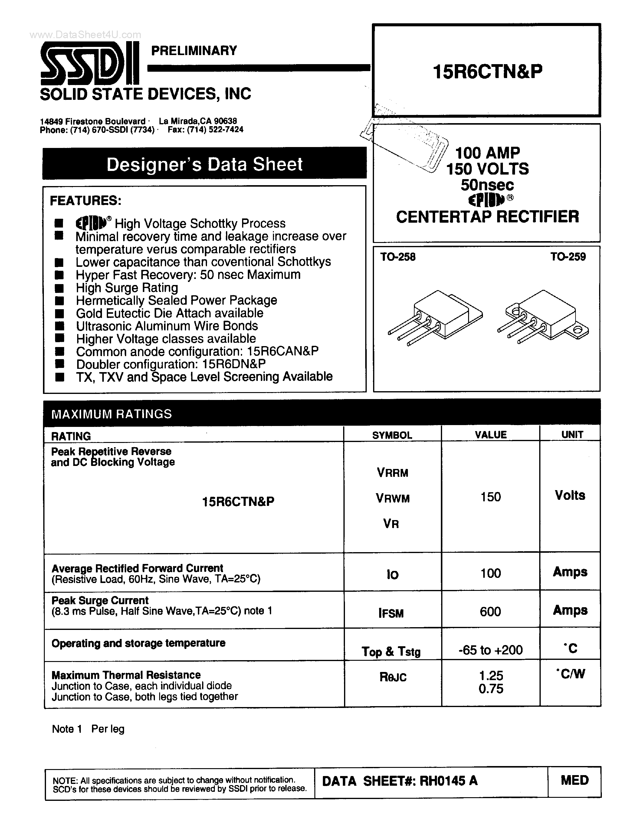 Datasheet 15R6CTN - CENTERTAP RECTIFIER page 1