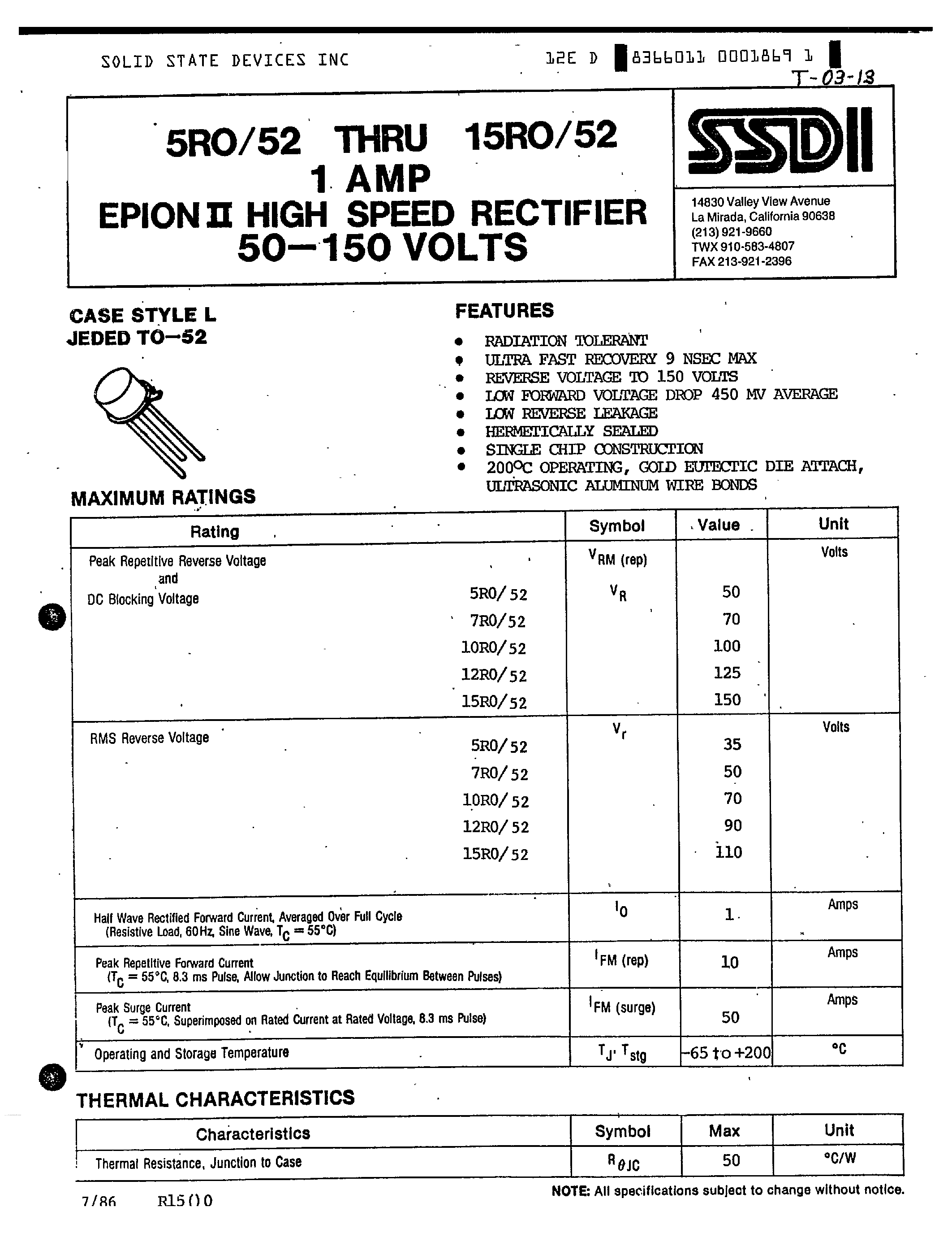 Datasheet 15RO/52 - 1 AMP EPION II HIGH SPEED RECTIFIER page 1