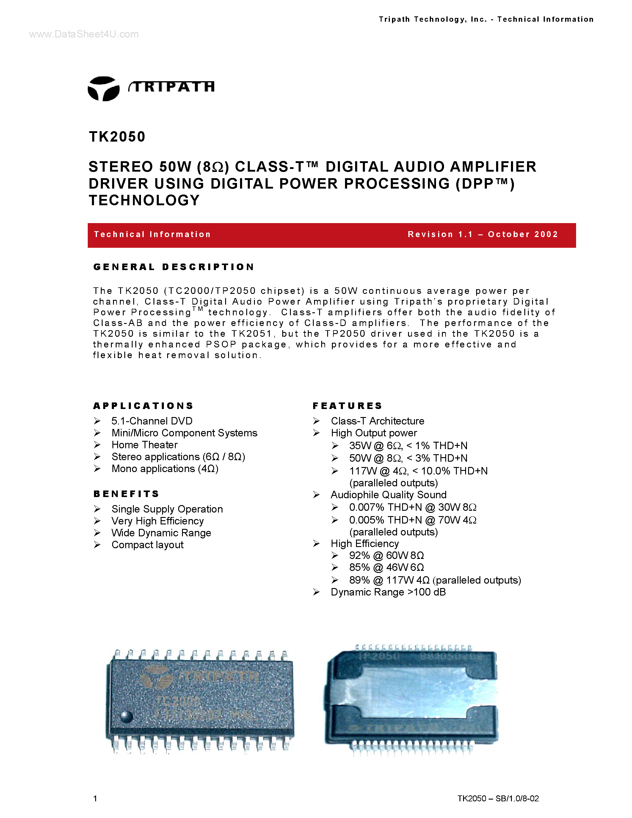 Datasheet TK2050 page 1 Datasheet TK2050 - STEREO 50W (8OHM) CLASS-T DIGITAL AUDIO AMPLIFIER page 1
