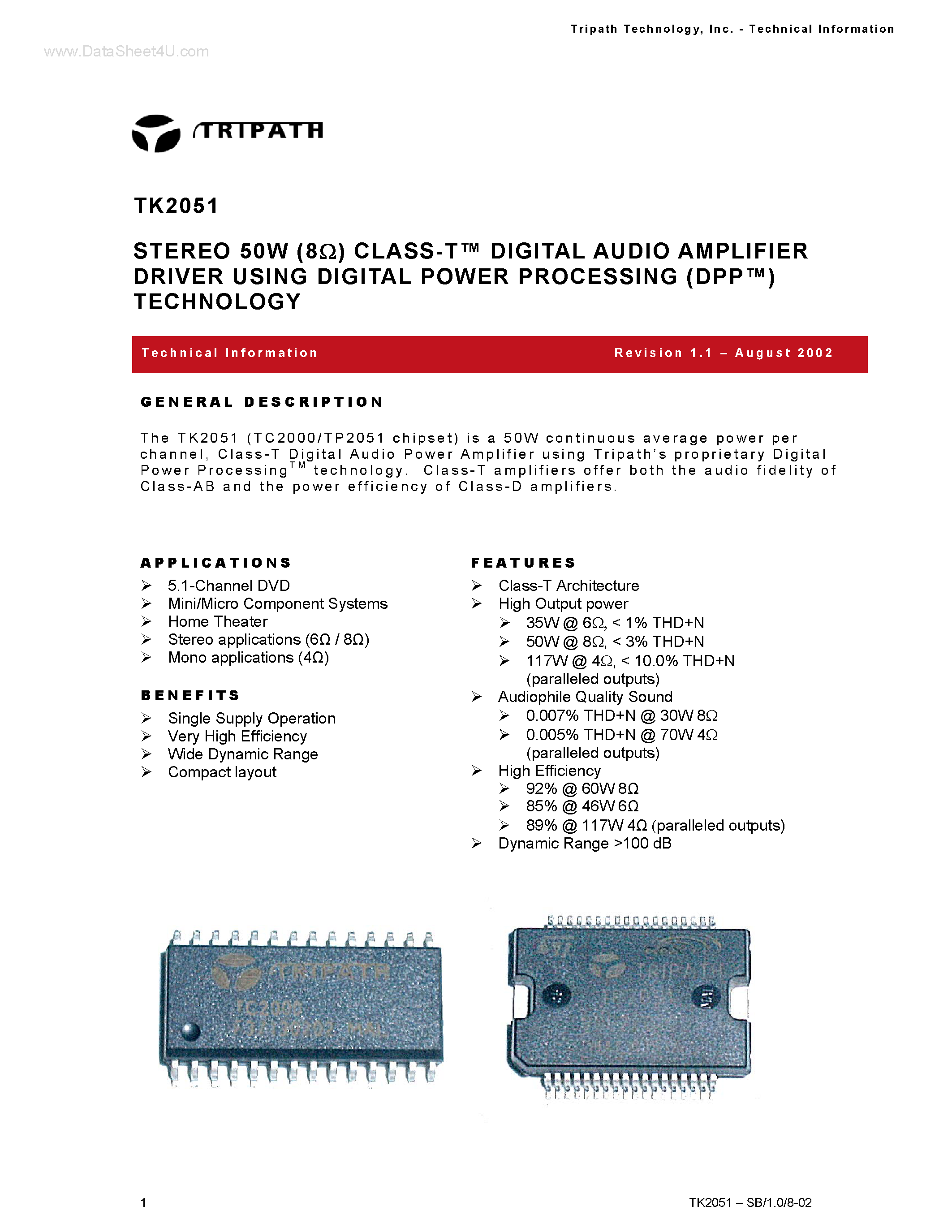 Даташит TK2051 - STEREO 50W (8ohm) CLASS-T DIGITAL AUDIO AMPLIFIER DRIVER страница 1