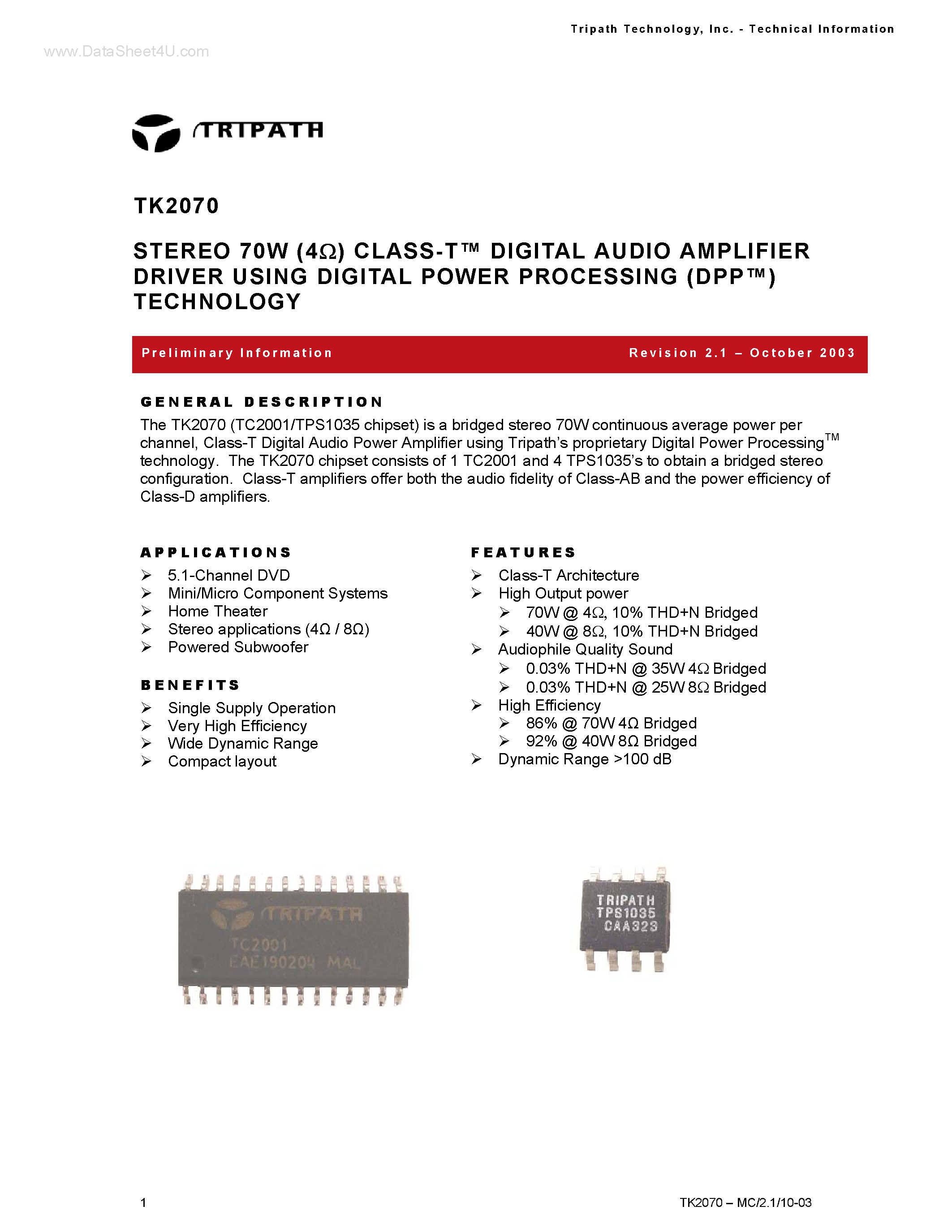 Datasheet TK2070 - STEREO 70W (4Ohm) CLASS-T DIGITAL AUDIO AMPLIFIER DRIVER page 1