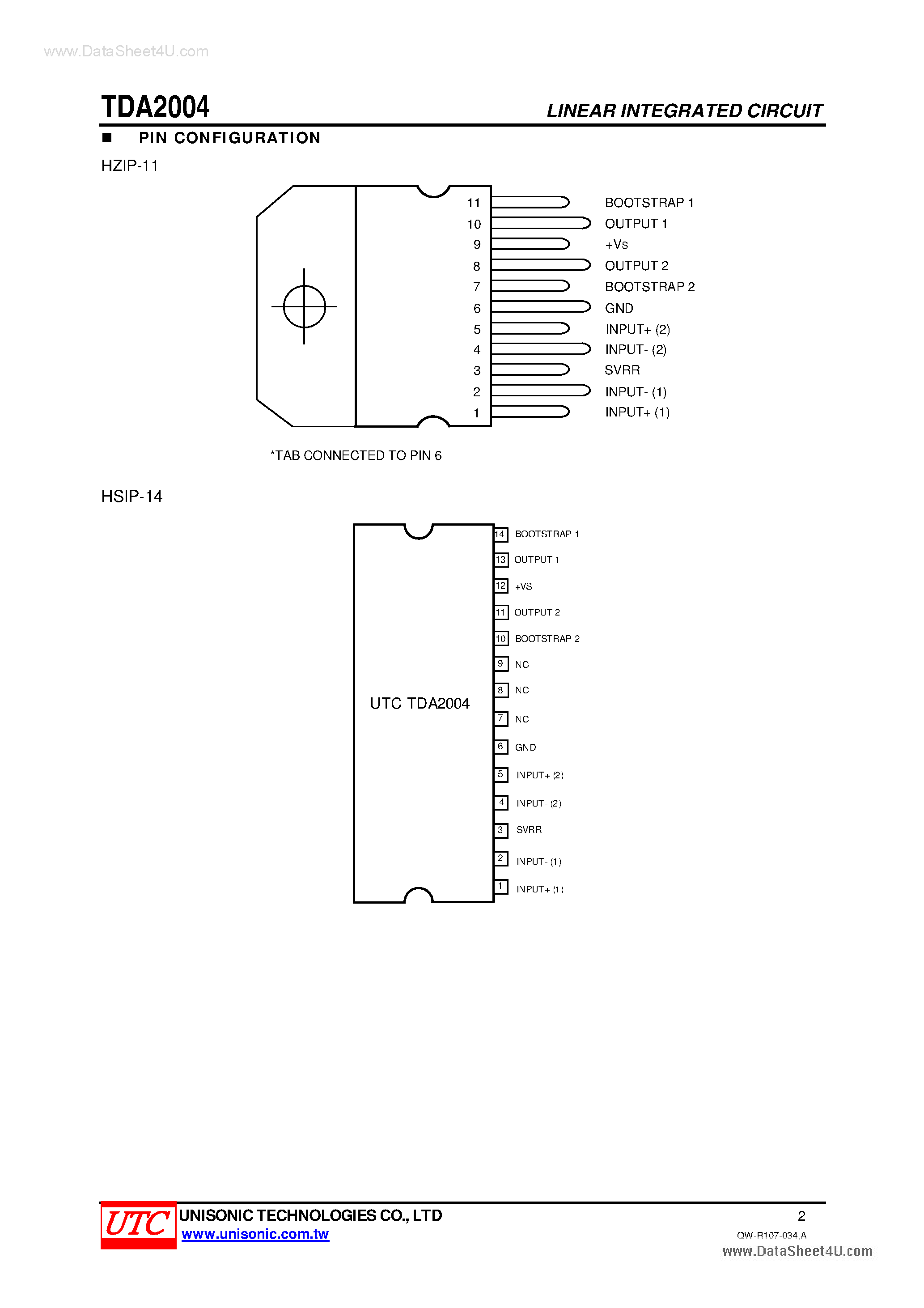 Даташит TDA2004 - 10+10W Stereo AMplifier страница 2