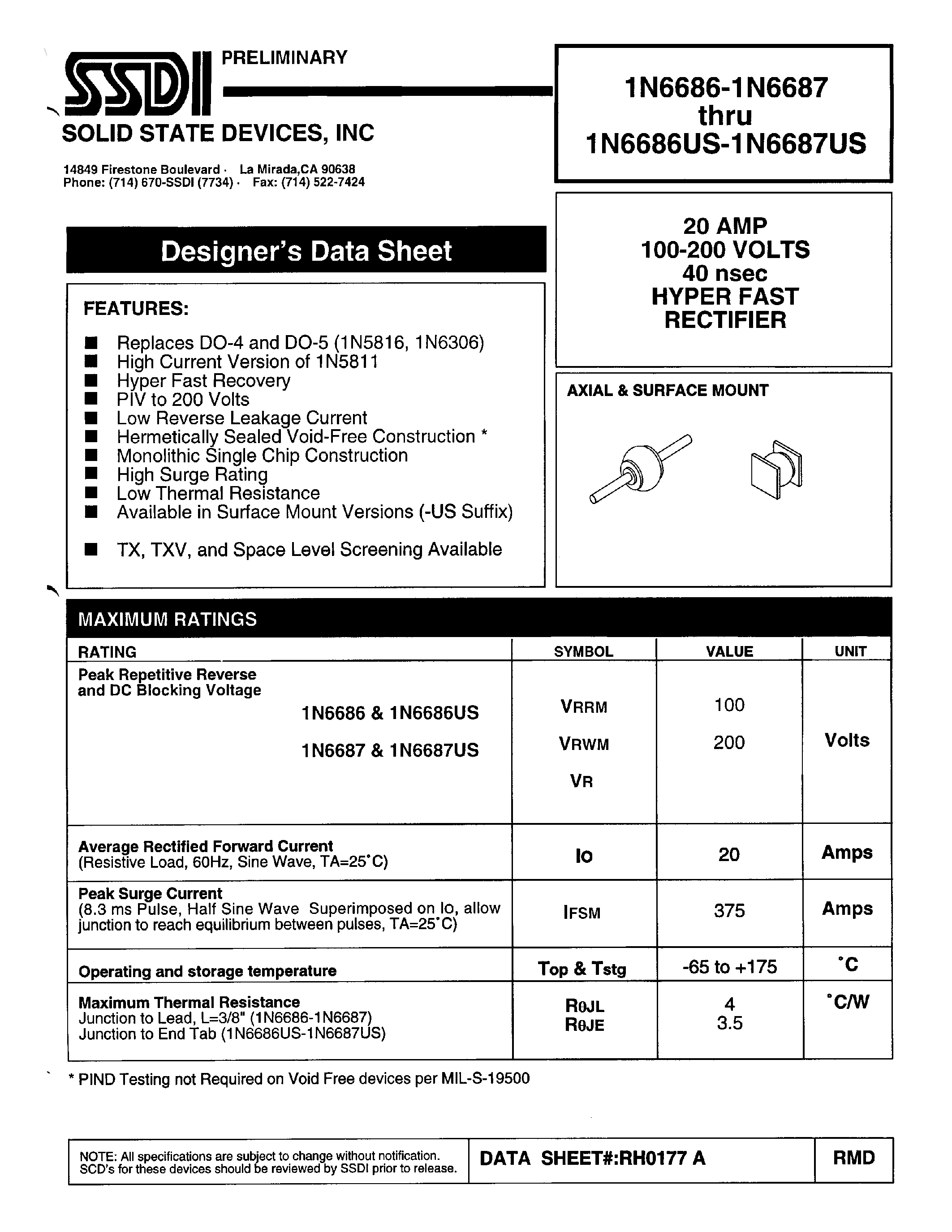 Даташит 1N6686 - (1N6686US / 1N6687US) HYPER FAST RECTIFIER страница 1