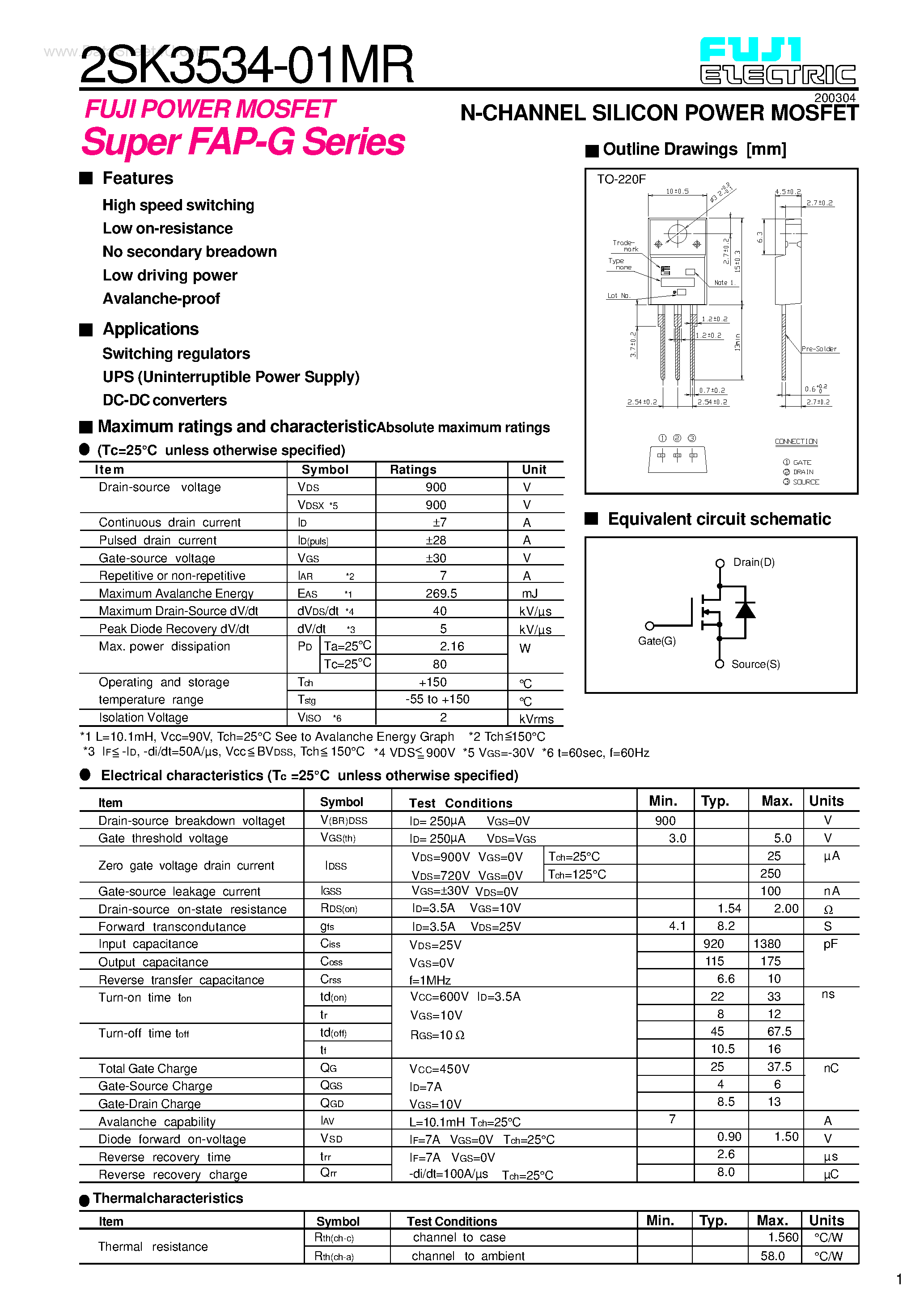 Datasheet 2SK3534-01MR - N-CHANNEL SILICON POWER MOSFET page 1
