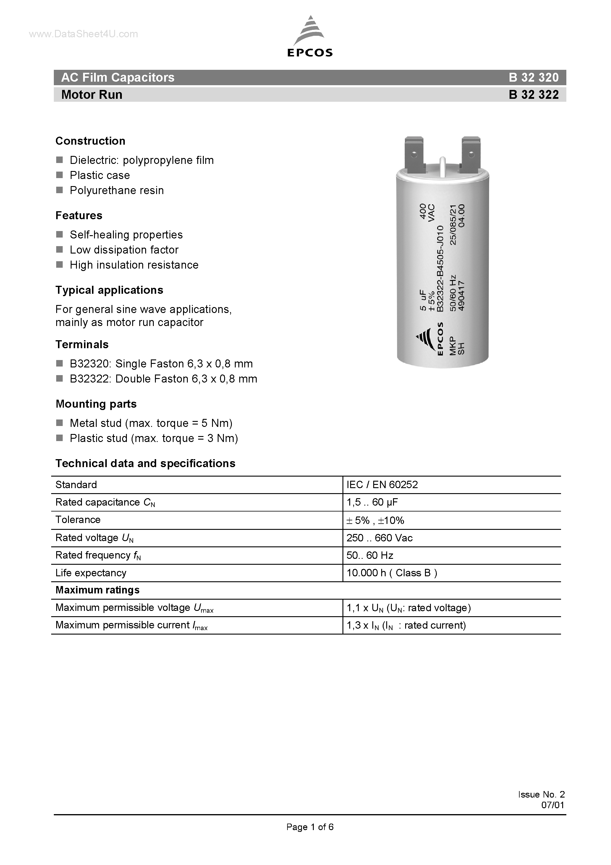 Datasheet B32320 page 1 Datasheet B32320 - (B32320 / B32322) AC Film Capacitors Motor Run page 1