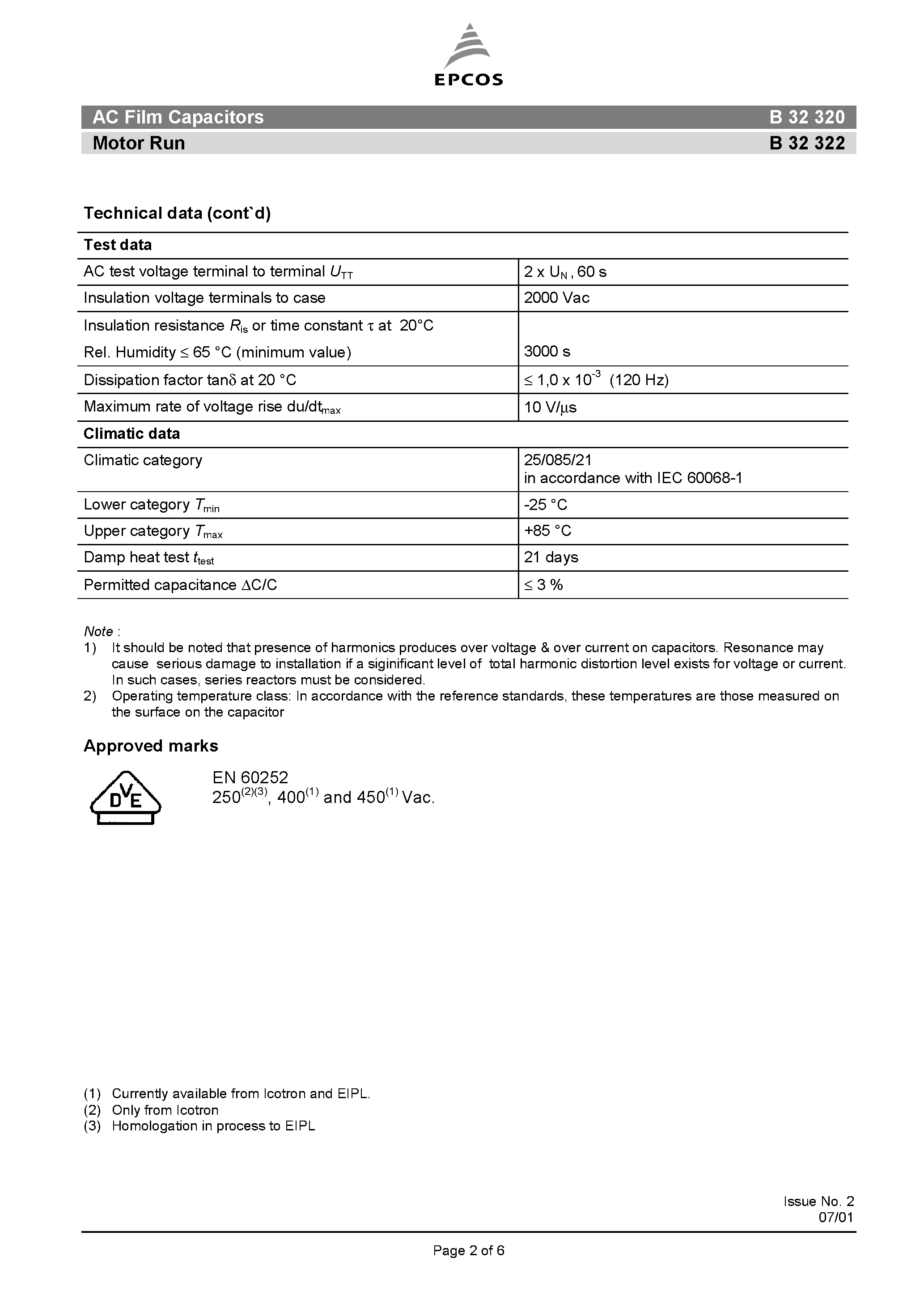 Datasheet B32320 page 2 Datasheet B32320 - (B32320 / B32322) AC Film Capacitors Motor Run page 2