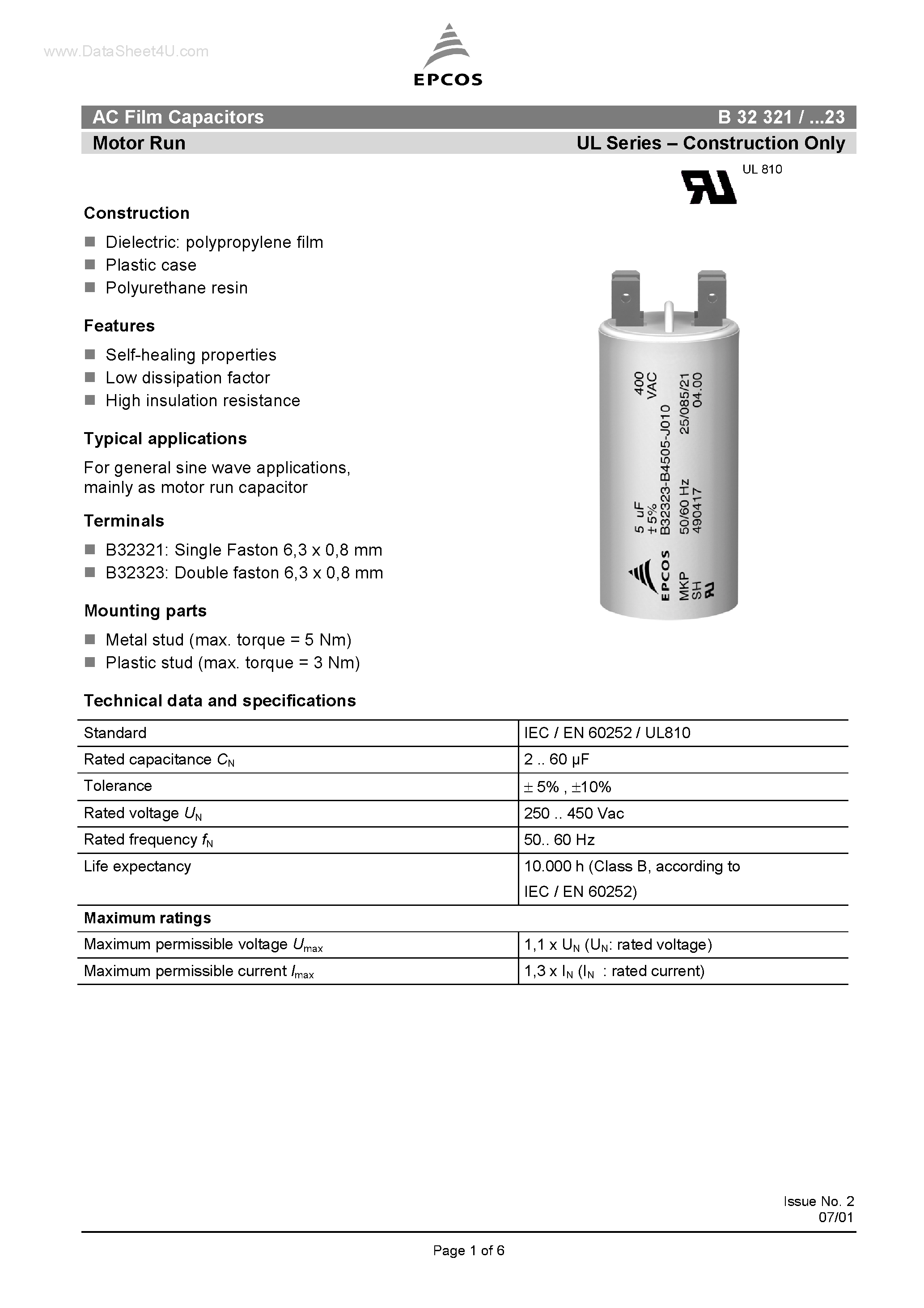 Datasheet B32321 page 1 Datasheet B32321 - (B32321 / B32323) AC Film Capacitors Motor Run UL Series page 1