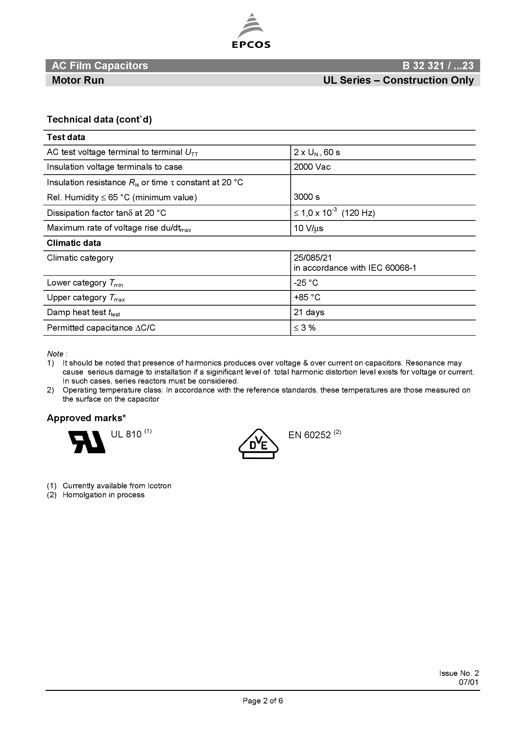 Datasheet B32321 page 2 Datasheet B32321 - (B32321 / B32323) AC Film Capacitors Motor Run UL Series page 2