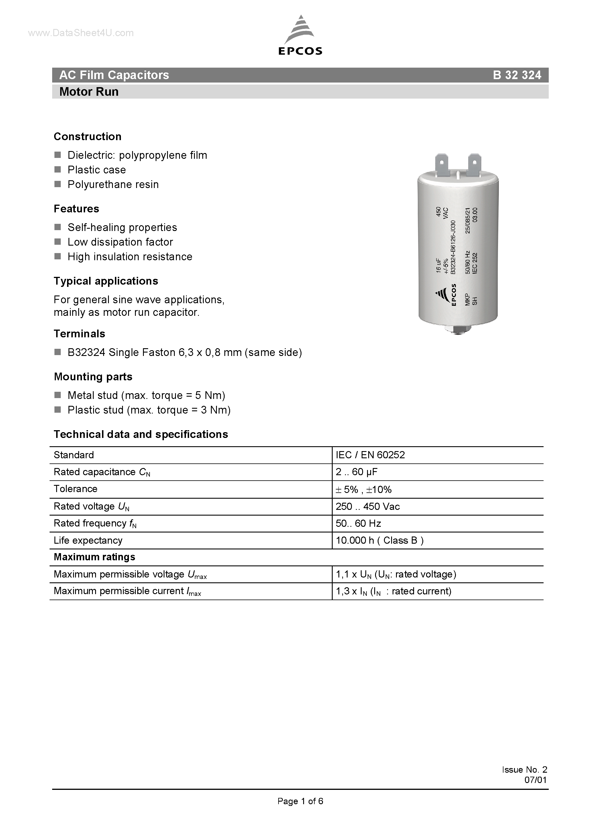 Datasheet B32324 page 1 Datasheet B32324 - AC Film Capacitors Motor Run page 1
