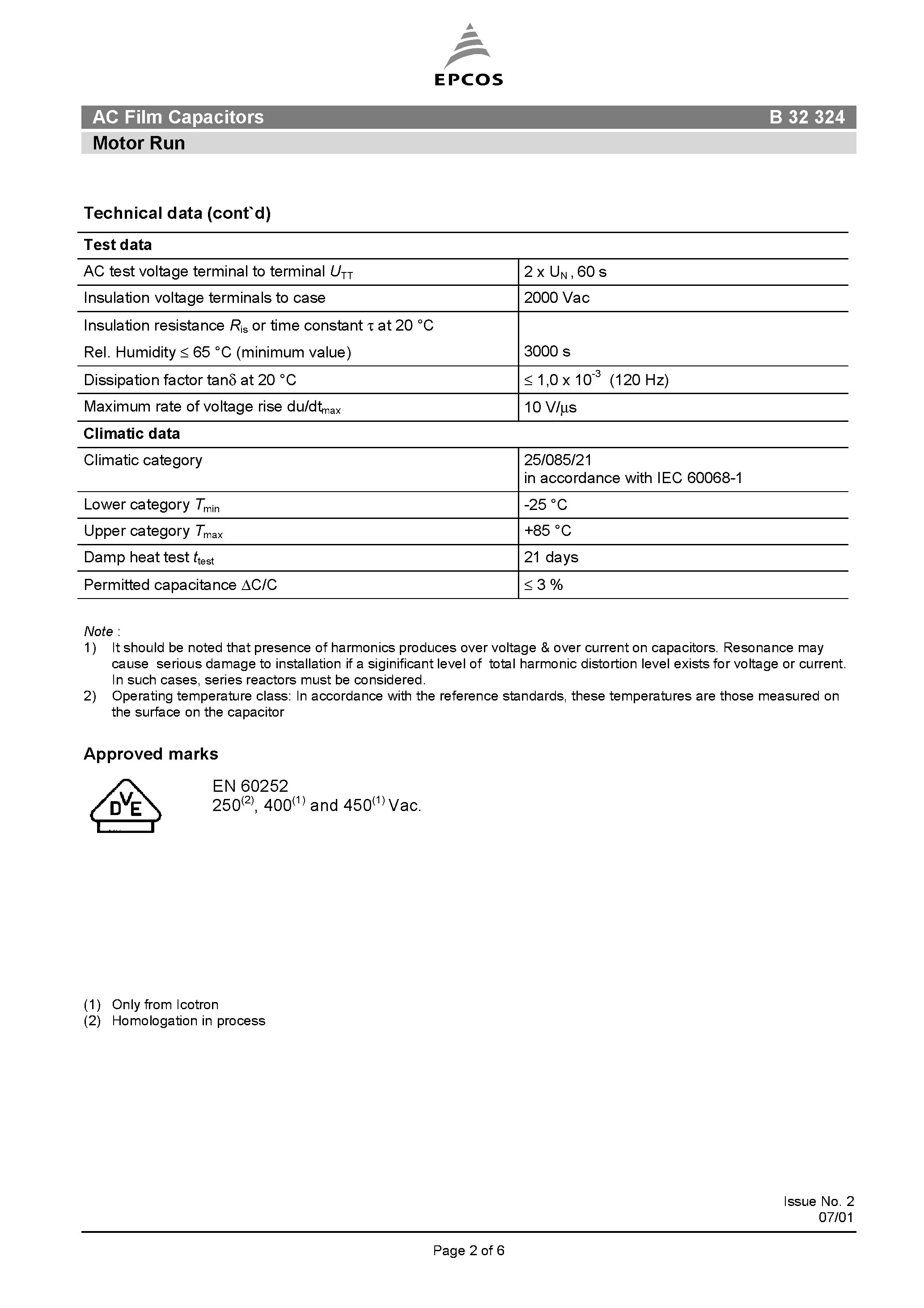 Datasheet B32324 page 2 Datasheet B32324 - AC Film Capacitors Motor Run page 2