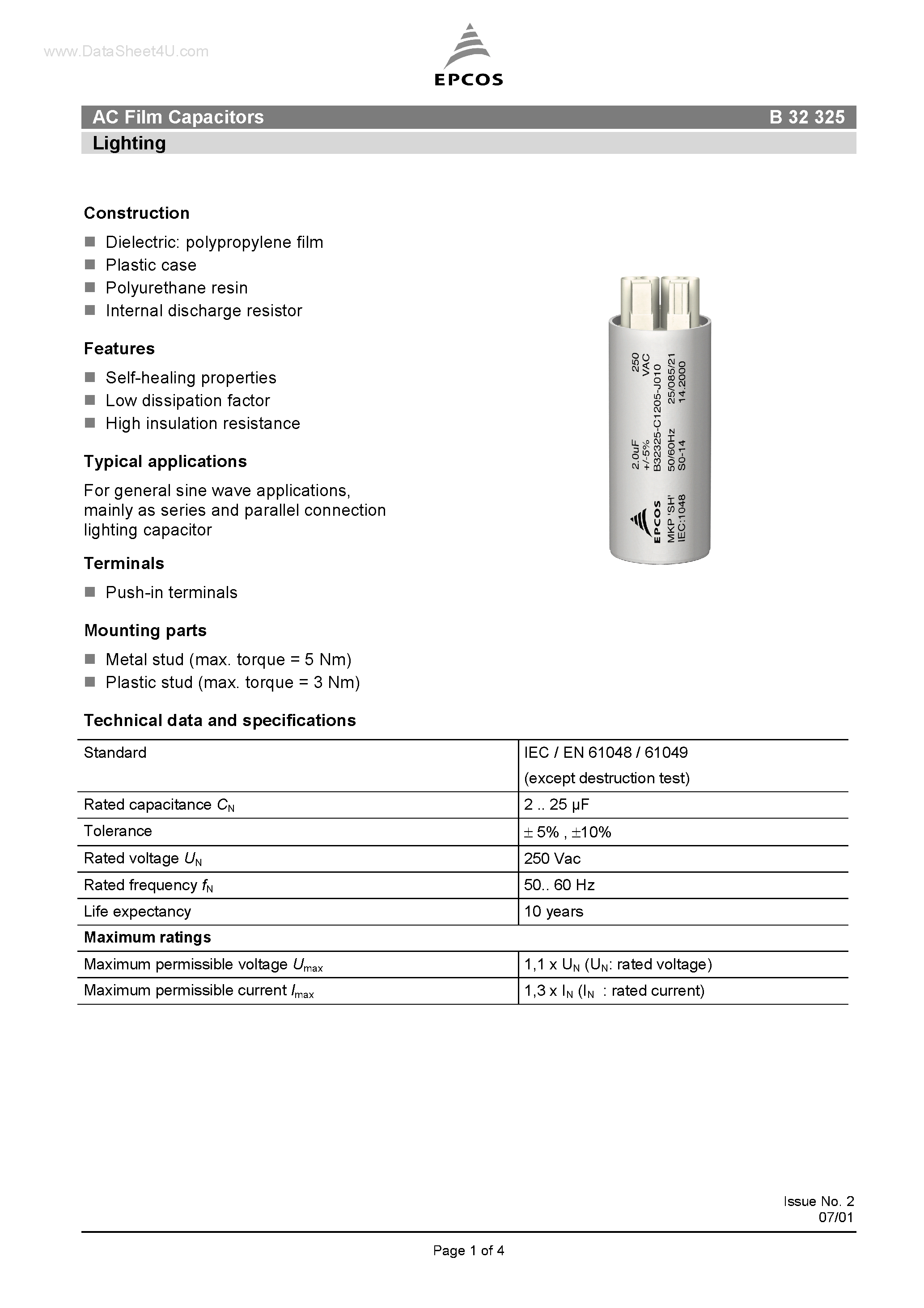 Datasheet B32325 page 1 Datasheet B32325 - AC Film Capacitors Lighting page 1