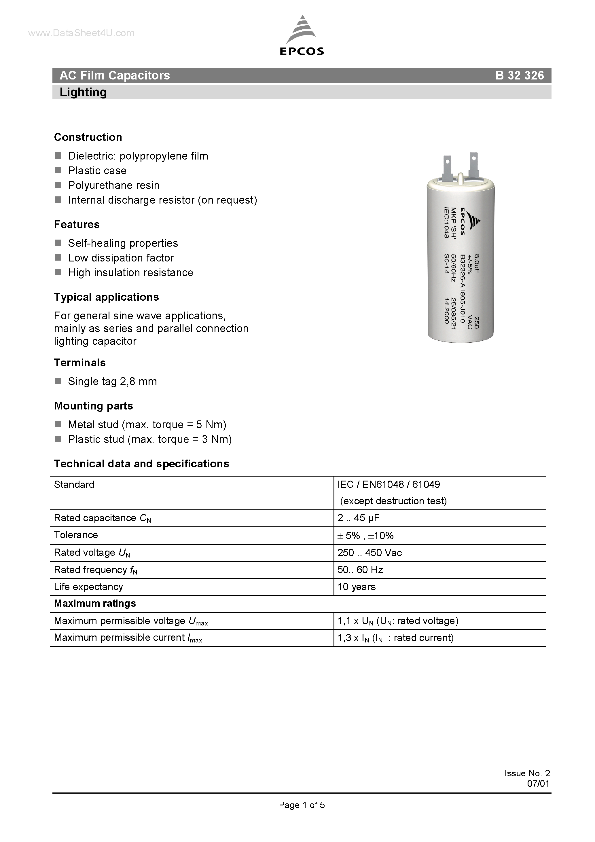 Datasheet B32326 page 1 Datasheet B32326 - AC Film Capacitors Lighting page 1