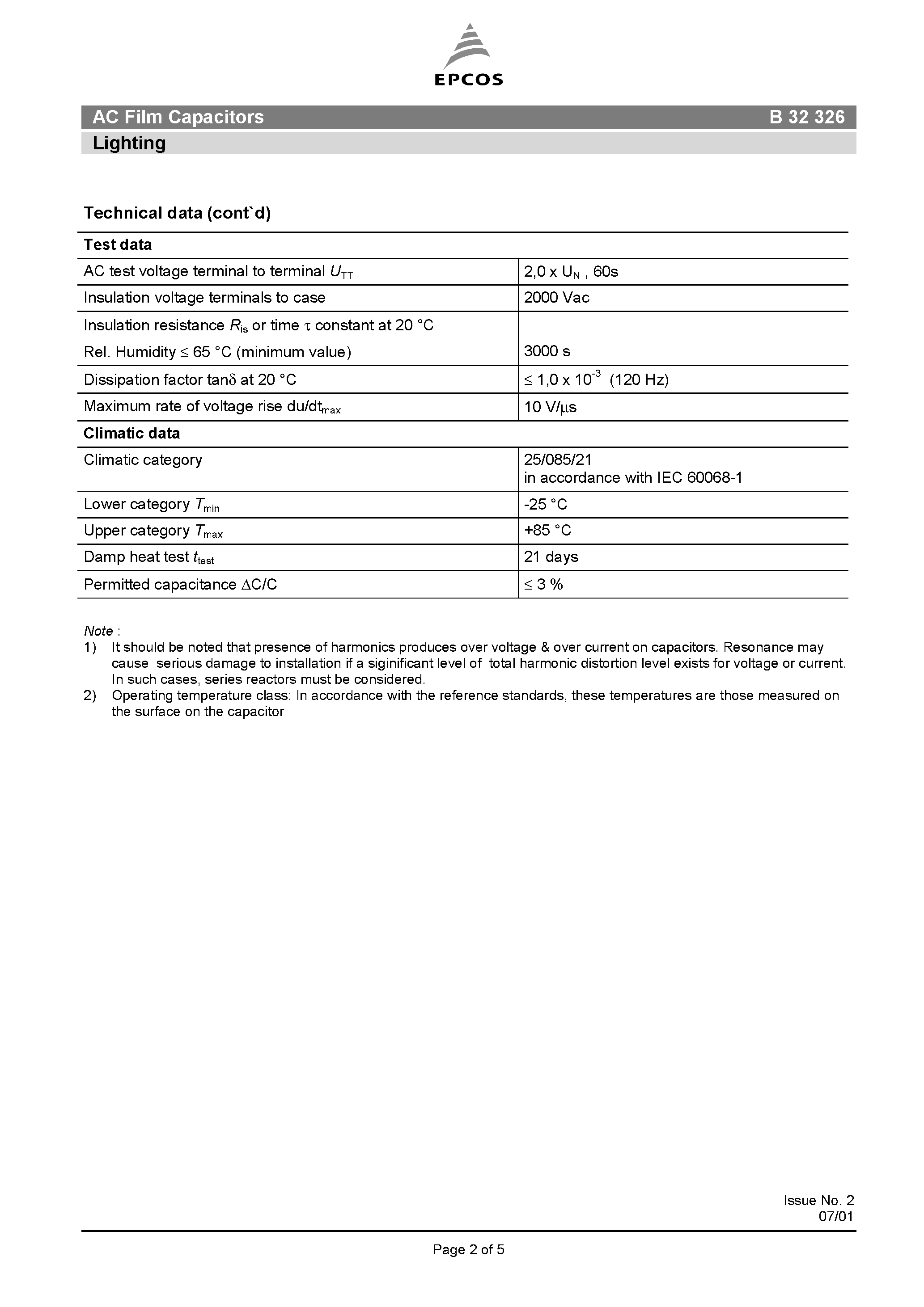 Datasheet B32326 page 2 Datasheet B32326 - AC Film Capacitors Lighting page 2