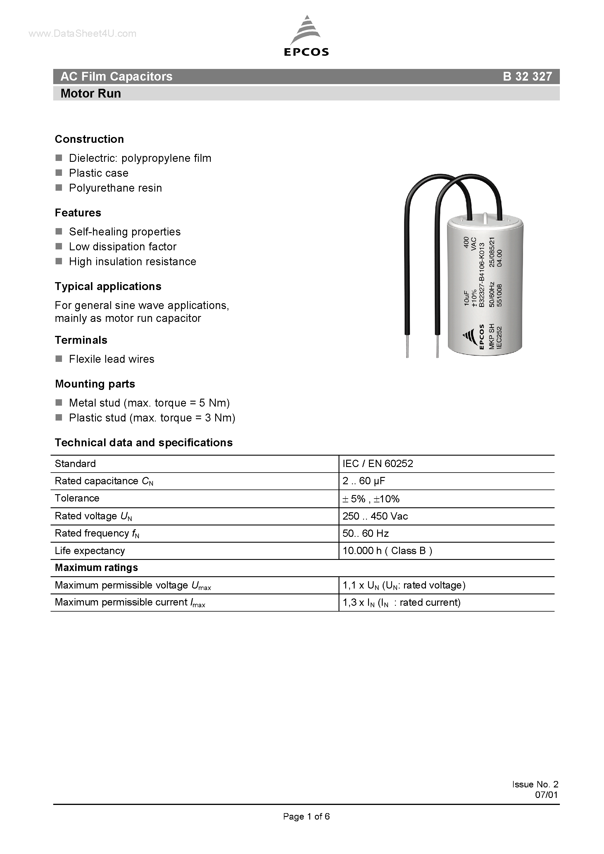 Datasheet B32327 page 1 Datasheet B32327 - AC Film Capacitors Lighting page 1