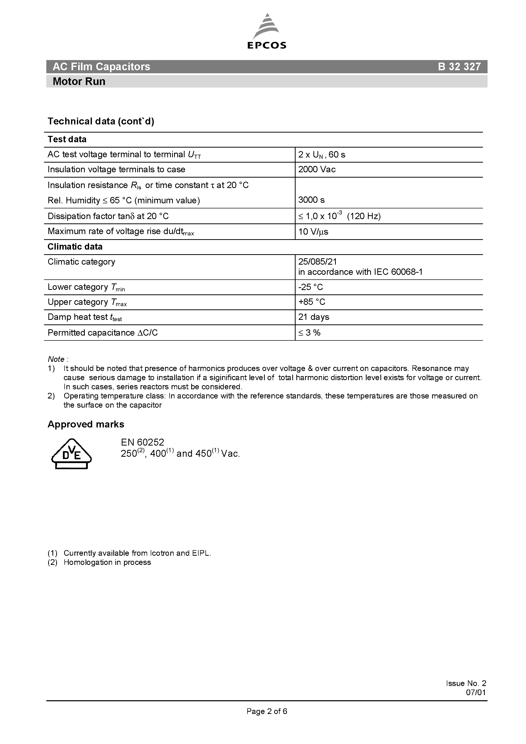 Datasheet B32327 page 2 Datasheet B32327 - AC Film Capacitors Lighting page 2