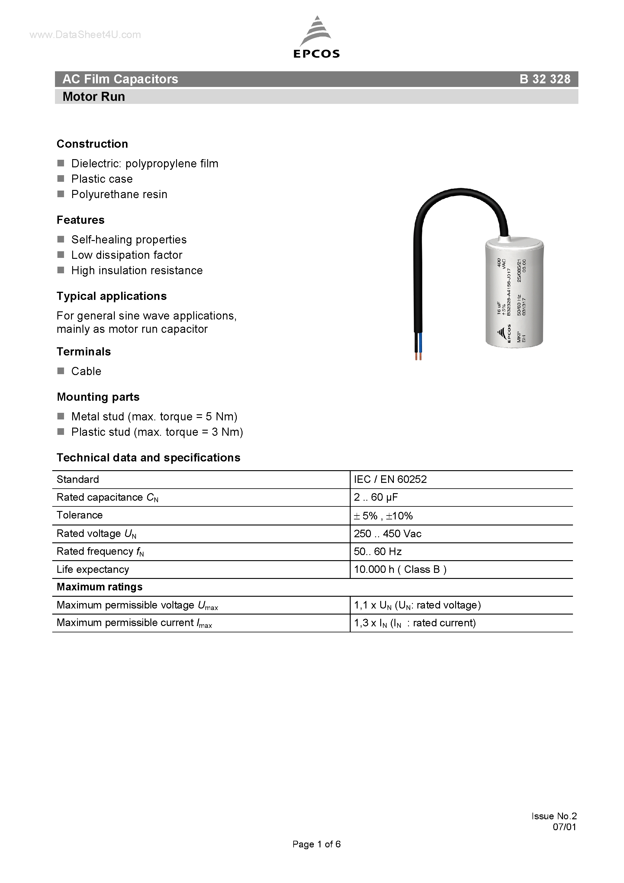 Datasheet B32328 - AC Film Capacitors Lighting page 1