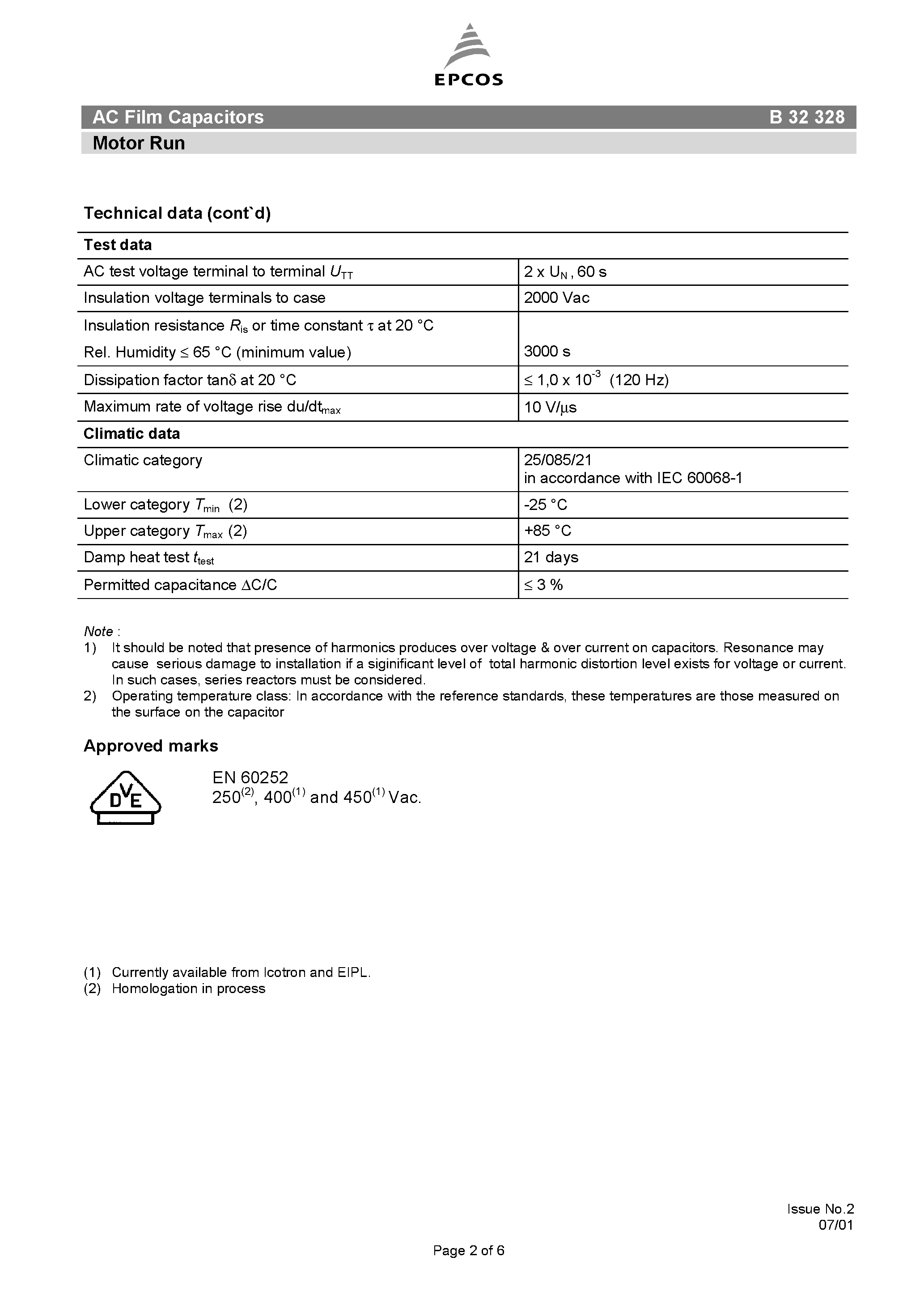 Datasheet B32328 - AC Film Capacitors Lighting page 2