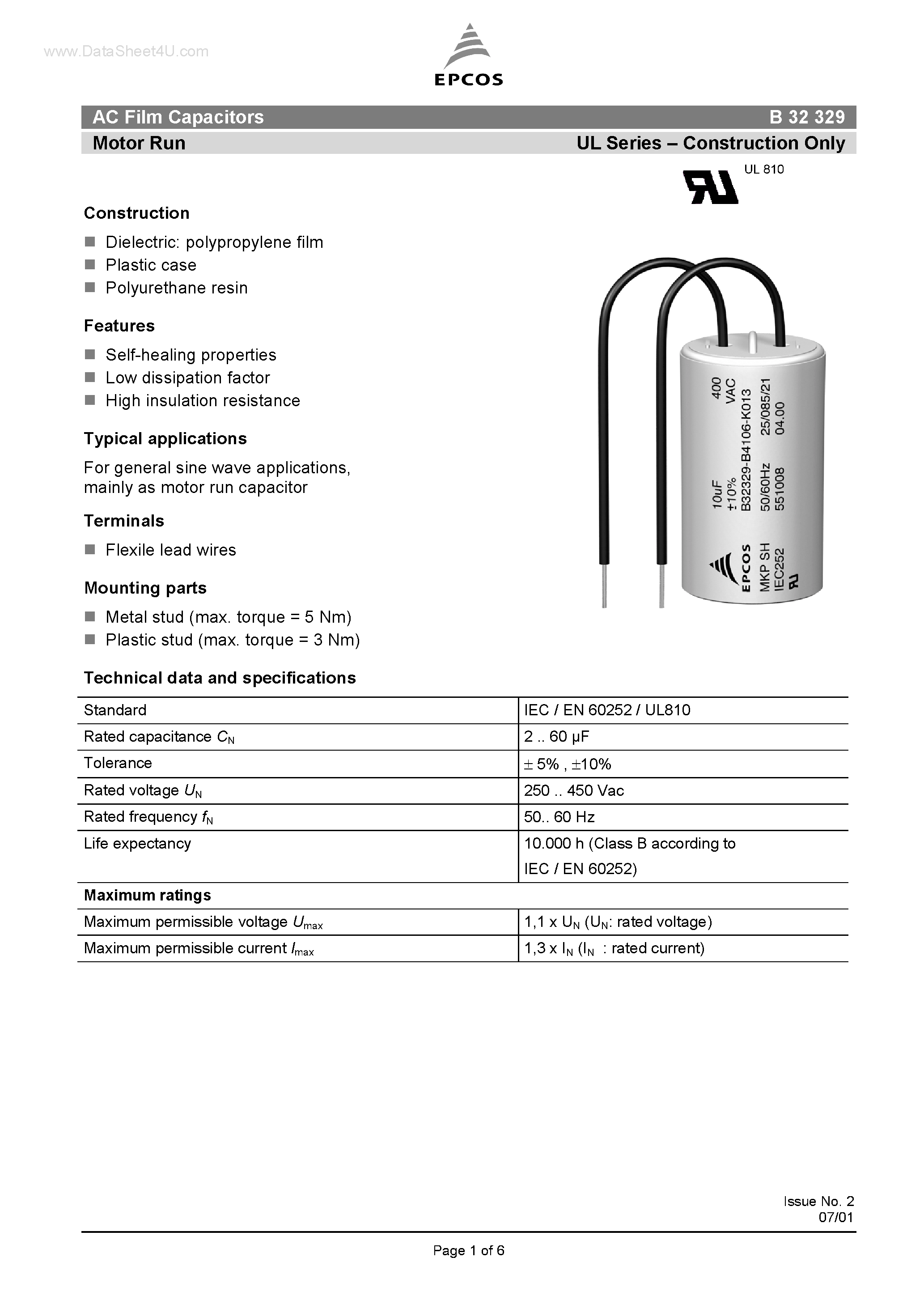 Datasheet B32329 page 1 Datasheet B32329 - AC Film Capacitors Motor Run UL Series page 1