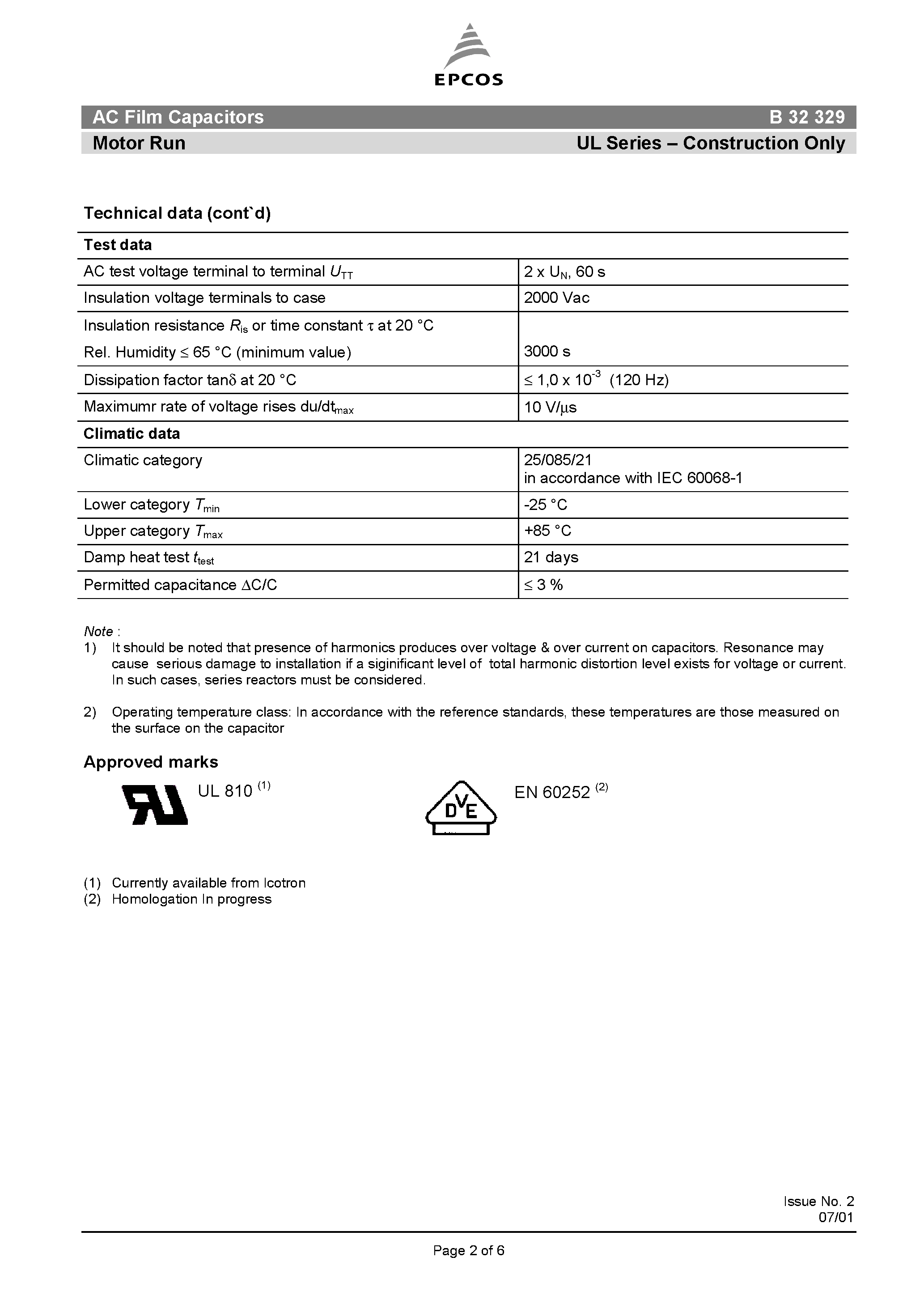 Datasheet B32329 page 2 Datasheet B32329 - AC Film Capacitors Motor Run UL Series page 2